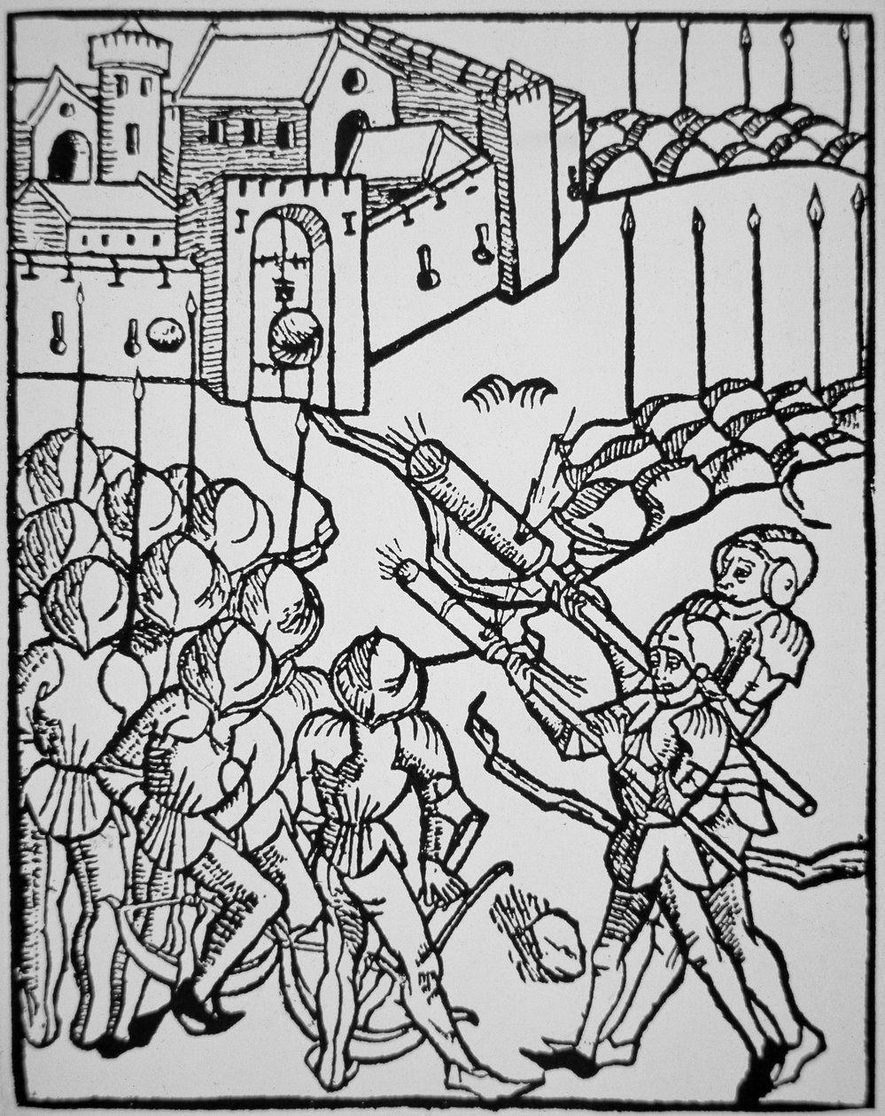 Použití ručních zbraní v 15. století, ilustrace z ‚Rudicum Novitiorum‘ od German School