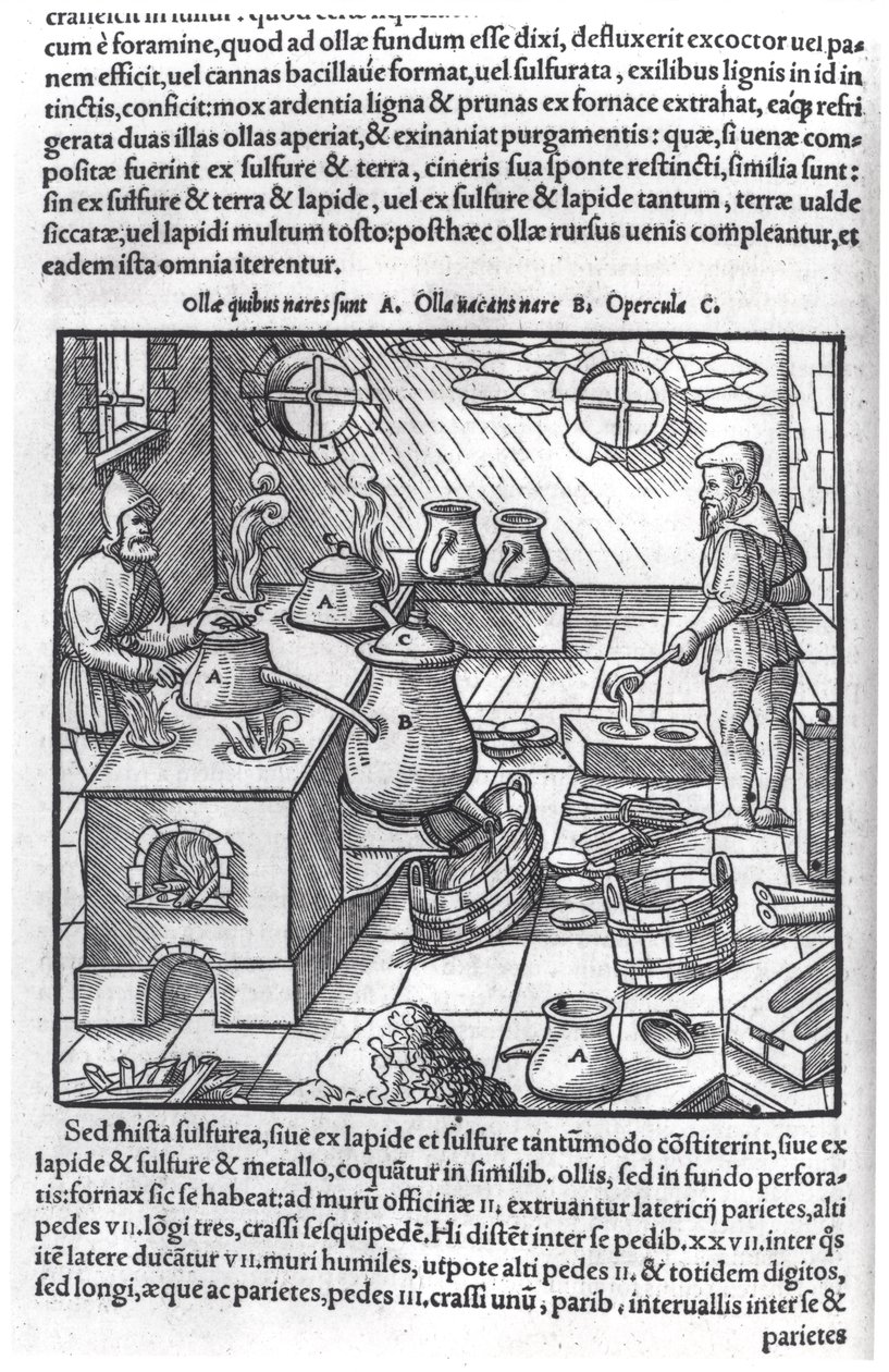 Použití síry, od De Re Metallica od Georga Bauera (1494-1566), známého jako Agricola od German School