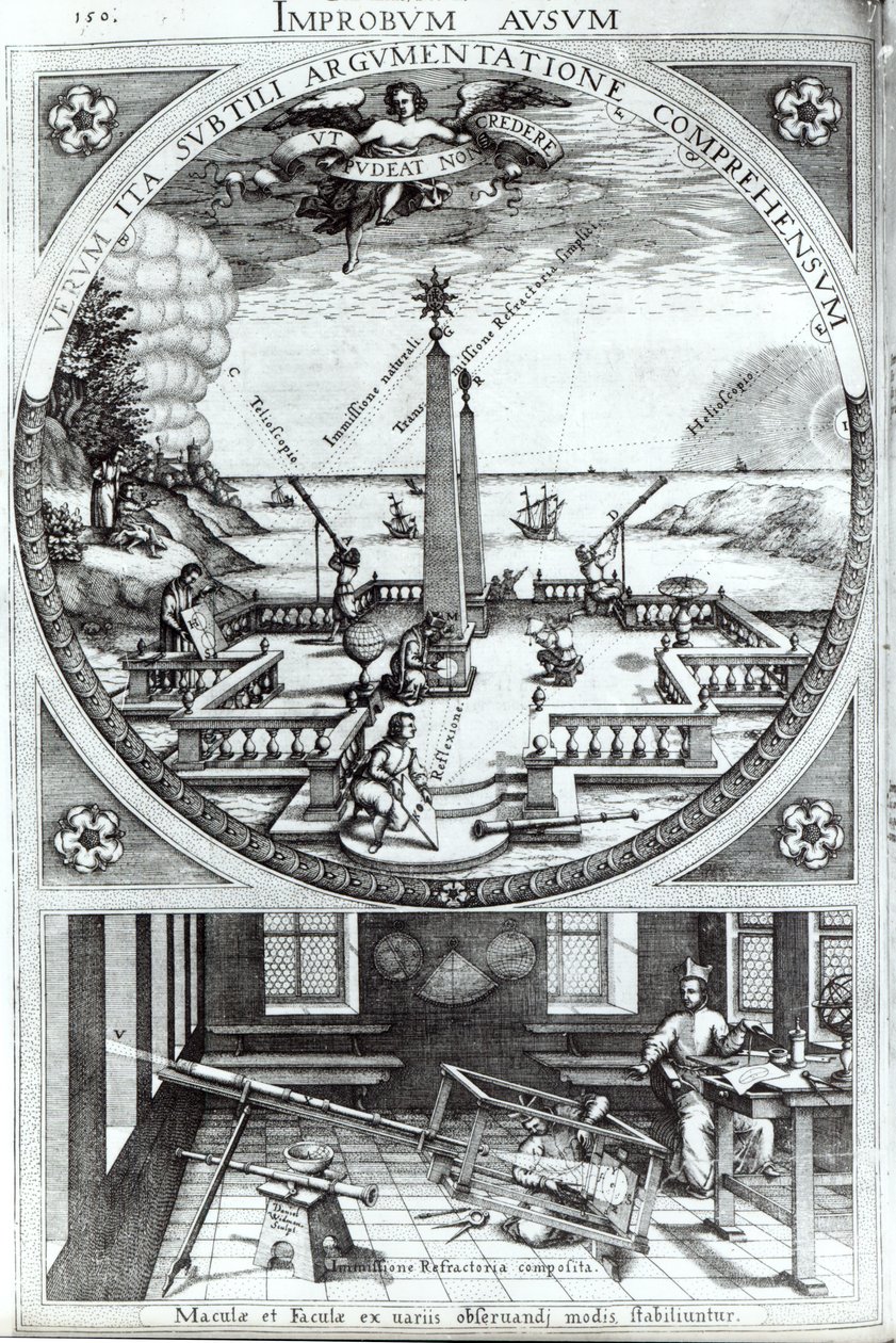 Různé metody pozorování slunečních skvrn, ilustrace z Rosa Orsina od Christopha Scheinera, publikováno 1630 (podrobnosti viz 294058) od German School