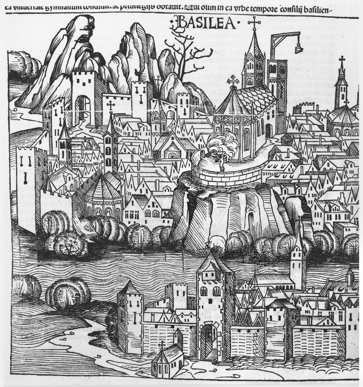 Pohled na Basilej, ilustrace z Norimberské kroniky od Hartmanna Schedela (1440-1514) 1493 od German School