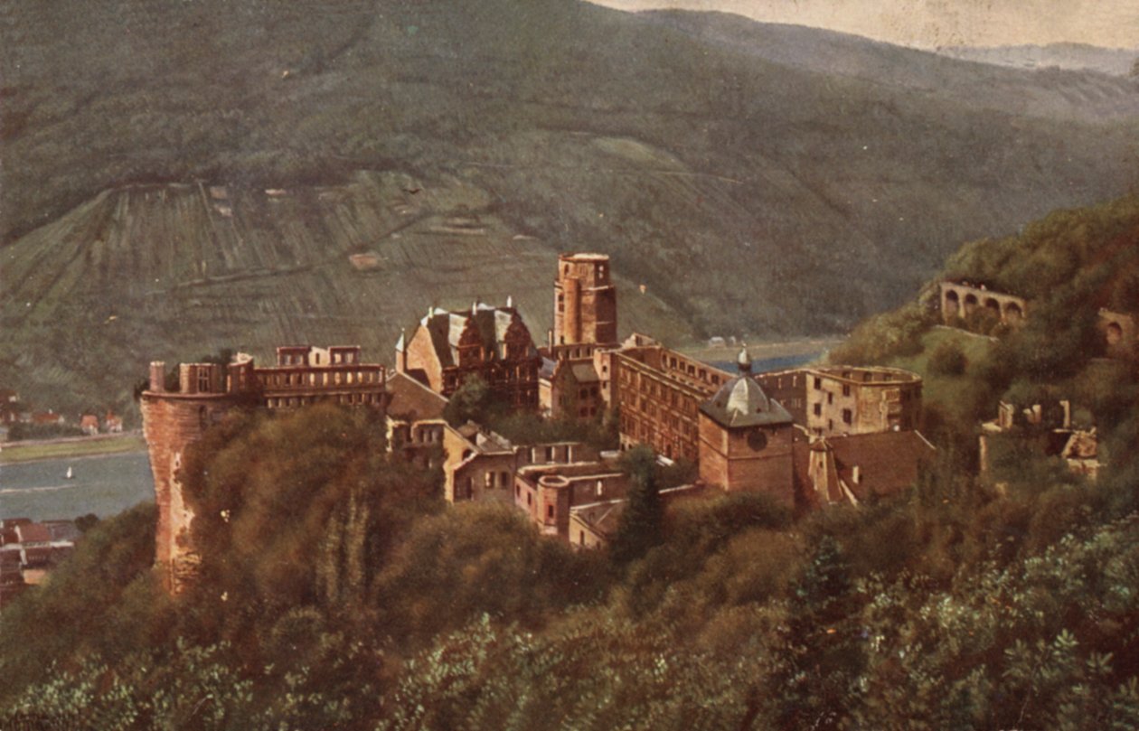 Pohled na hrad Heidelberg z Molkenkuru (barevná litografie) od German School