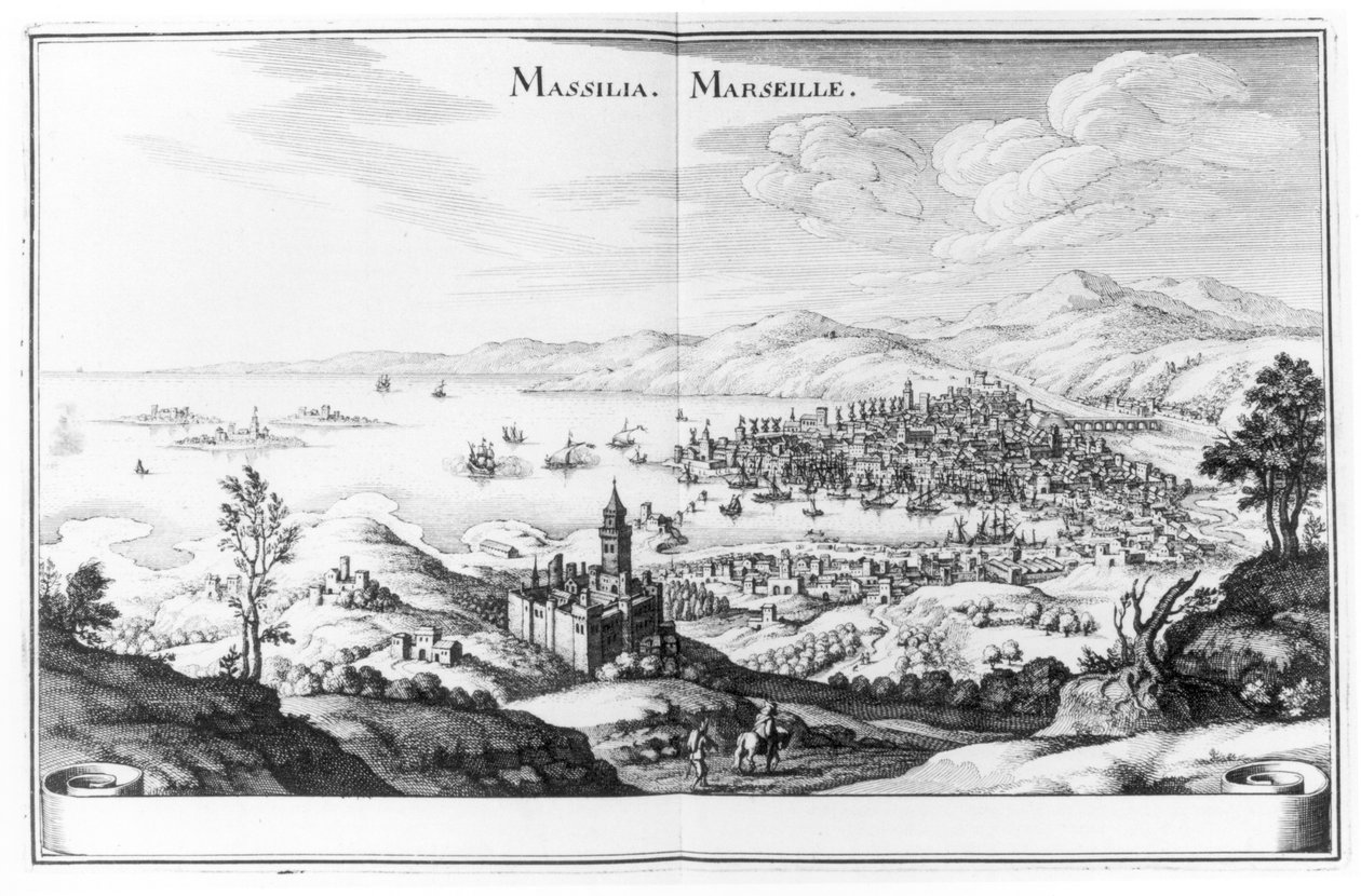 Pohled na Marseille, z Topographia Galliae od Martina Zeillera, publikoval 1655-61 od German School