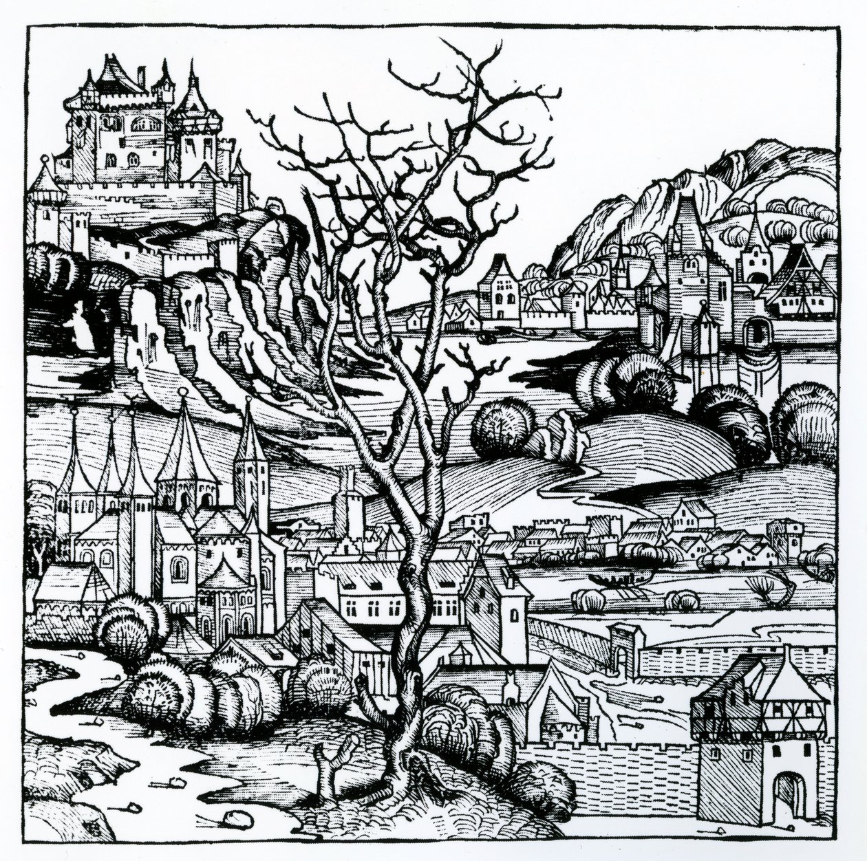 Pohled na Portugalsko z „Norimberské kroniky“ 1493 (dřevořez) od German School