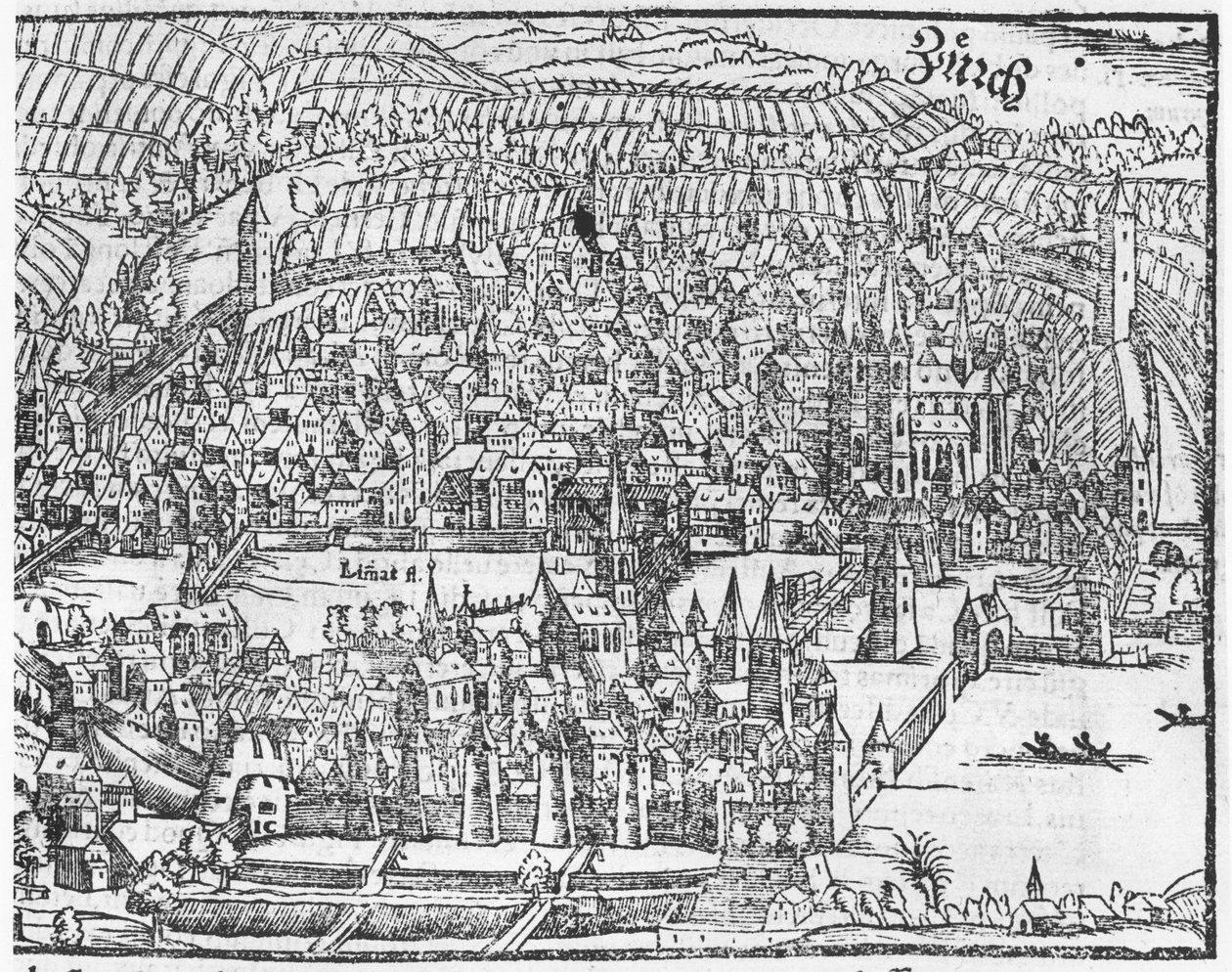 Pohled na Curych, z Cosmographie Universelle od Sebastiena Munstera (1488-1552) Basilej, vydáno 1559 od German School