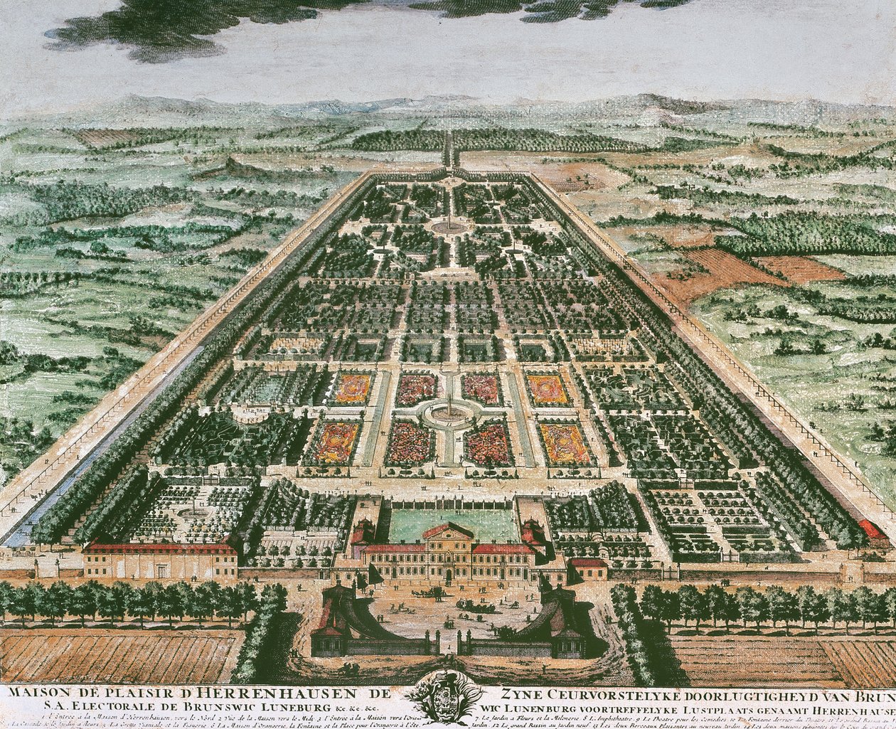 Pohled do zahrady zámku Herrenhausen, cca 1708, barevný tisk, Německo od German School