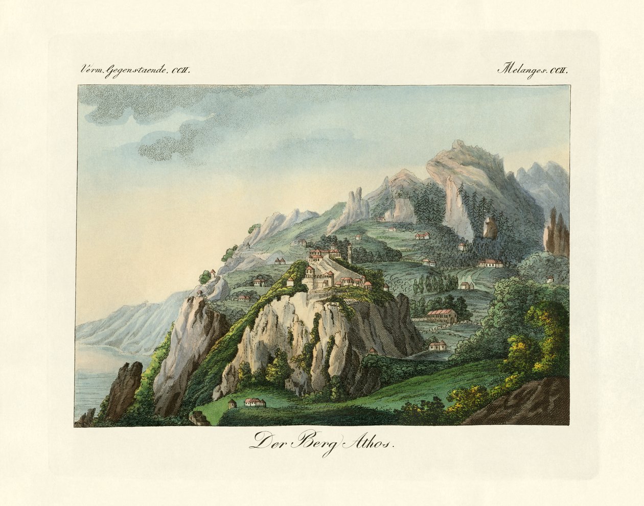 Pohled na horu Athos (barevná rytina) od German School