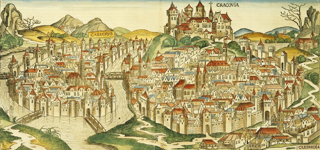 Pohled na město Krakov (Krakov), z Norimberské kroniky od Hartmanna Schedela (1440-1514) 1493 od German School
