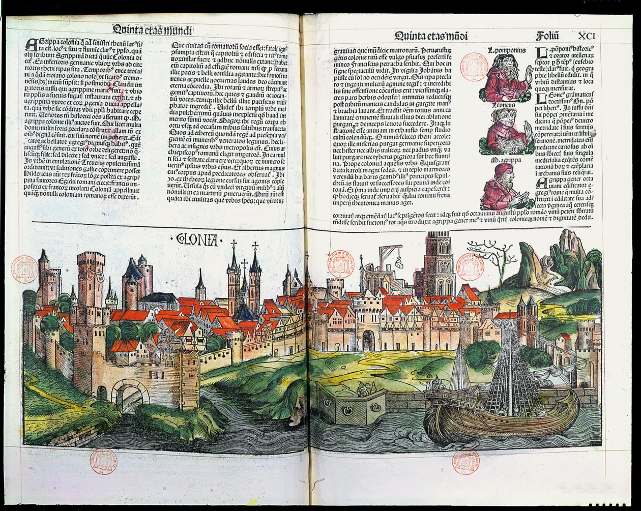 Pohled na město Kolín nad Rýnem z Norimberské kroniky od Hartmanna Schedela, 1493 (barevná dřevorytina) od German School