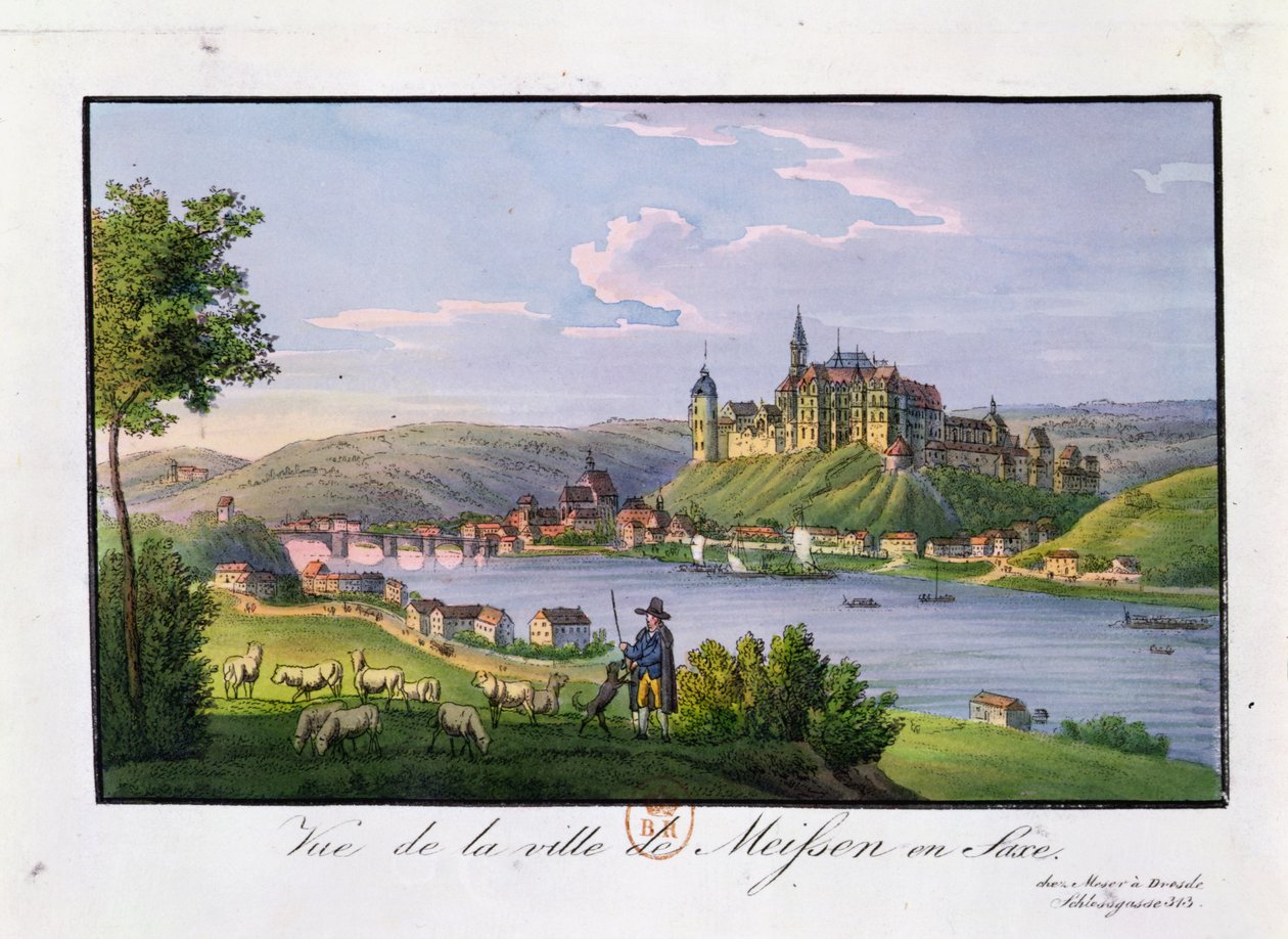 Pohled na město Míšeň, rodiště Christiana Samuela Hannemanna (1755-1843), (barevná rytina) od German School