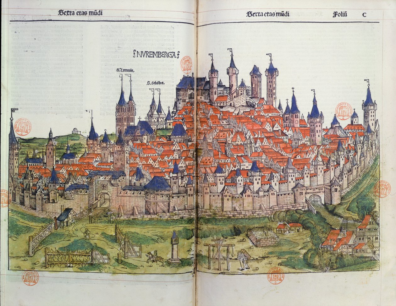 Pohled na město Norimberk z Norimberské kroniky od Hartmanna Schedela (1440-1514) 1493 (barevný dřevoryt) od German School