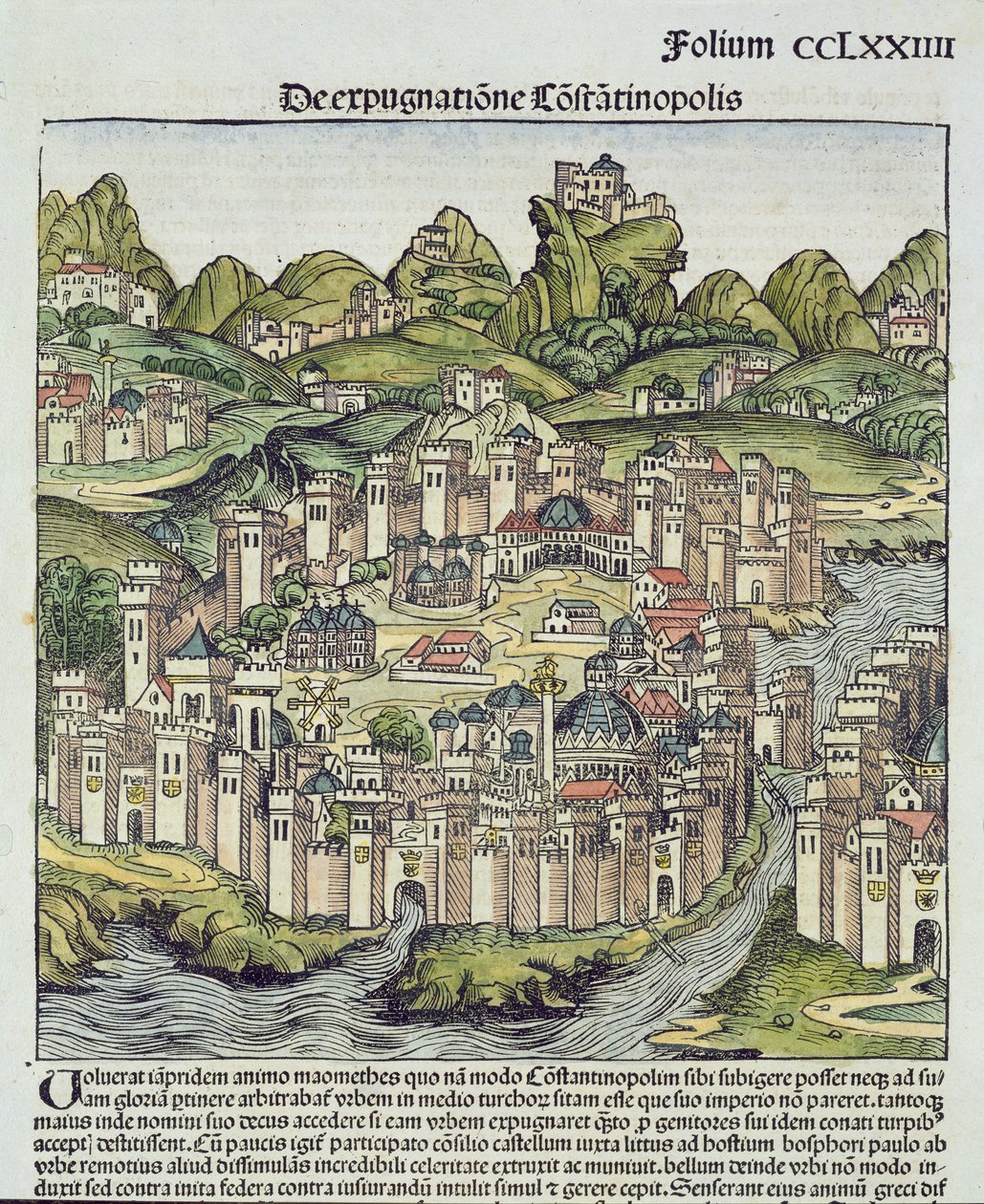Pohled na opevněné město Konstantinopol, z Norimberské kroniky od Hartmanna Schedela (1440-1514) 1493 (dřevěný blok) od German School