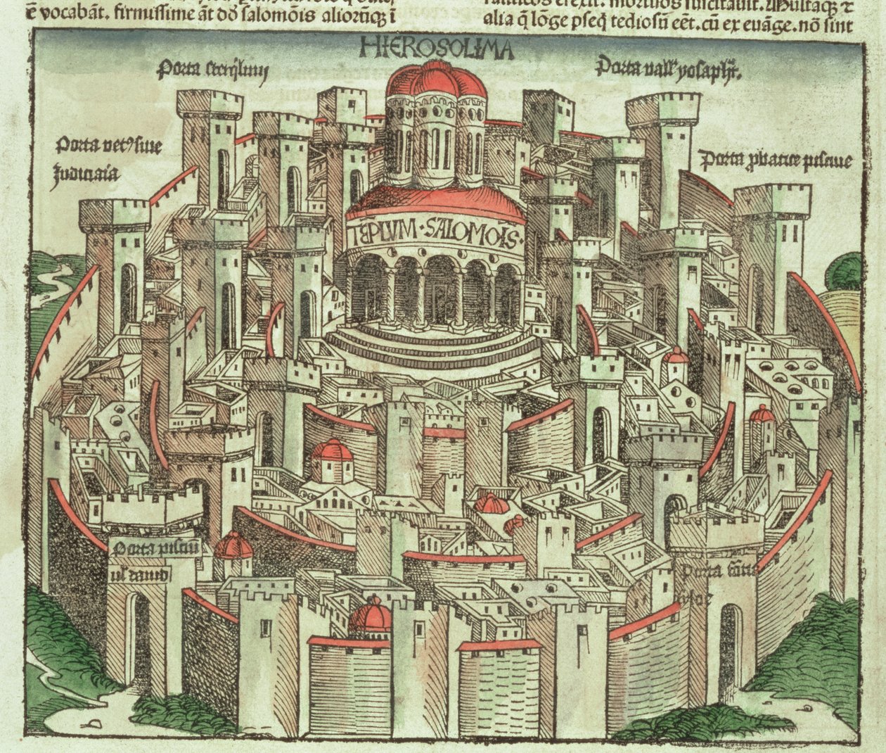 Pohled na opevněné město Jeruzalém ukazující Šalamounův chrám a městské brány z Norimberské kroniky od Hartmanna Schedela (1440-1514) 1493 od German School