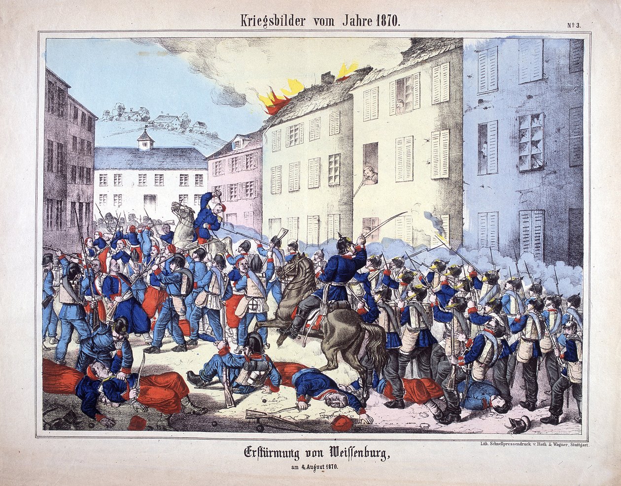 Válka 1870: Dobytí Wissembourgu (bitva u Weissenburgu) mezi vojáky pruské armády a Francouzi 4. srpna od German School