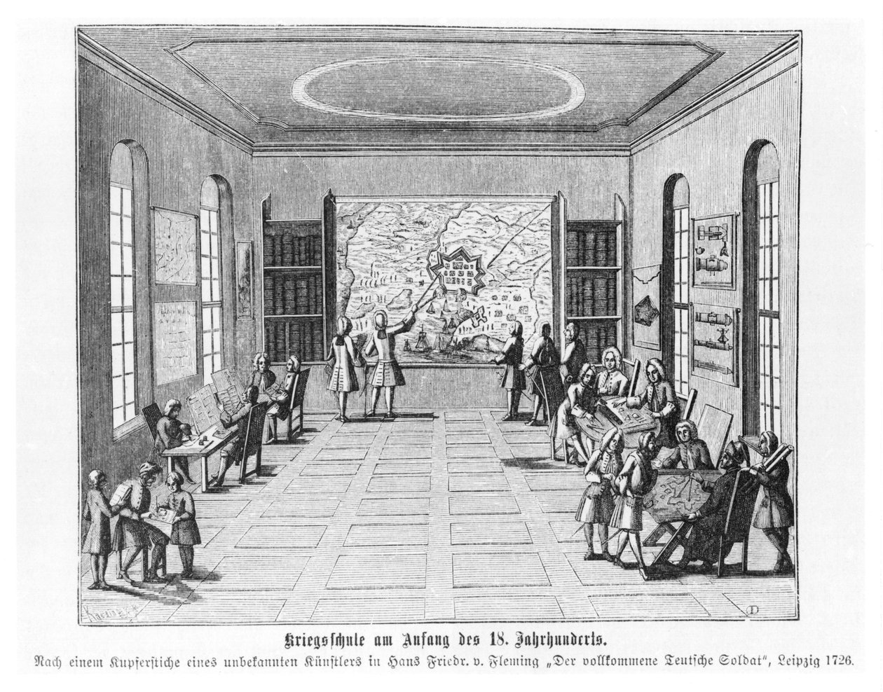 Válečná škola, ilustrace z „Dokonalého německého vojáka“ od Hanse Friedricha van Fleminga, 1726, vydané v Lipsku od German School