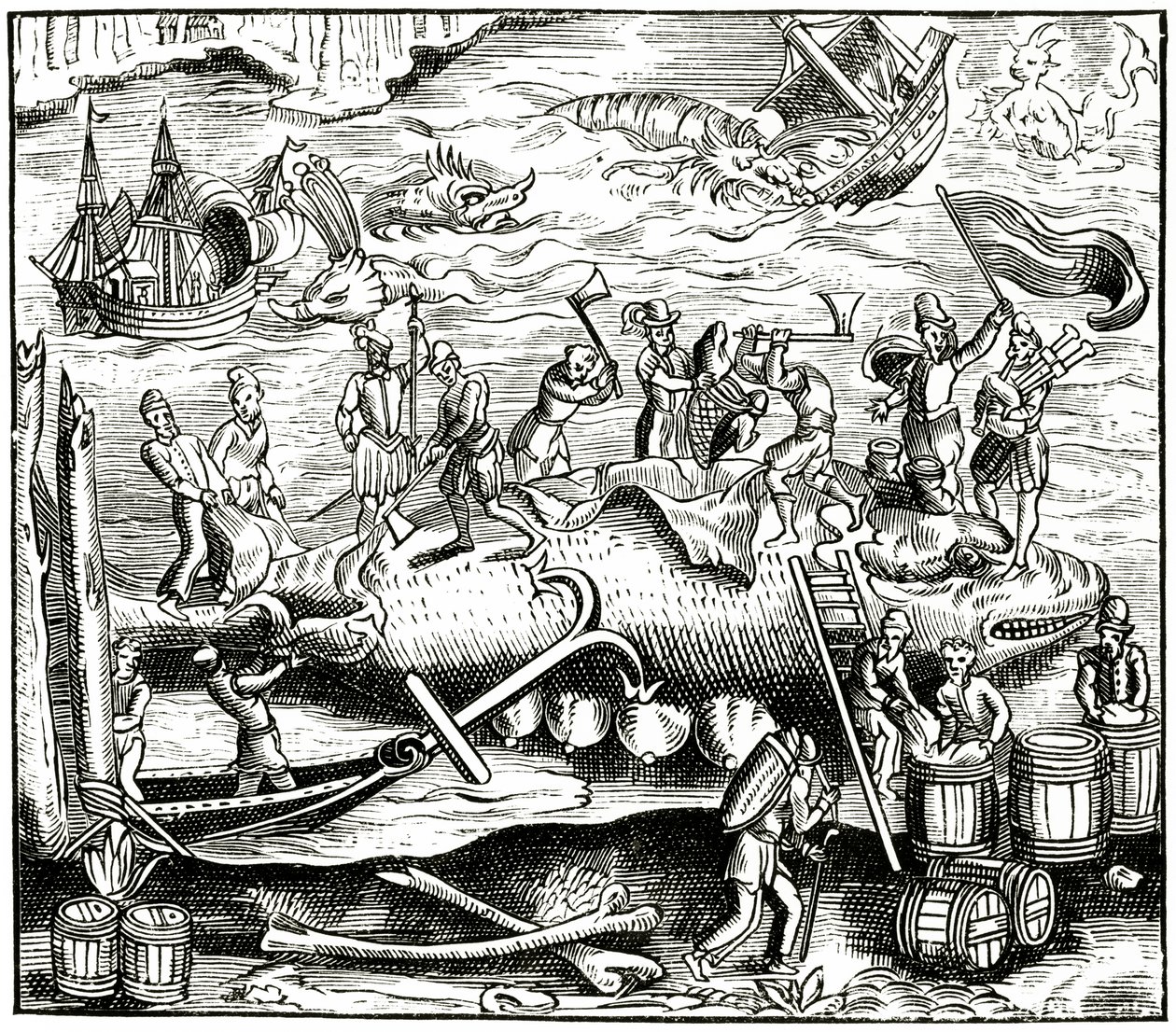Lov velryb, po dřevorytu v Cosmographie Universelle of Munster, publikovaném 1552 od German School