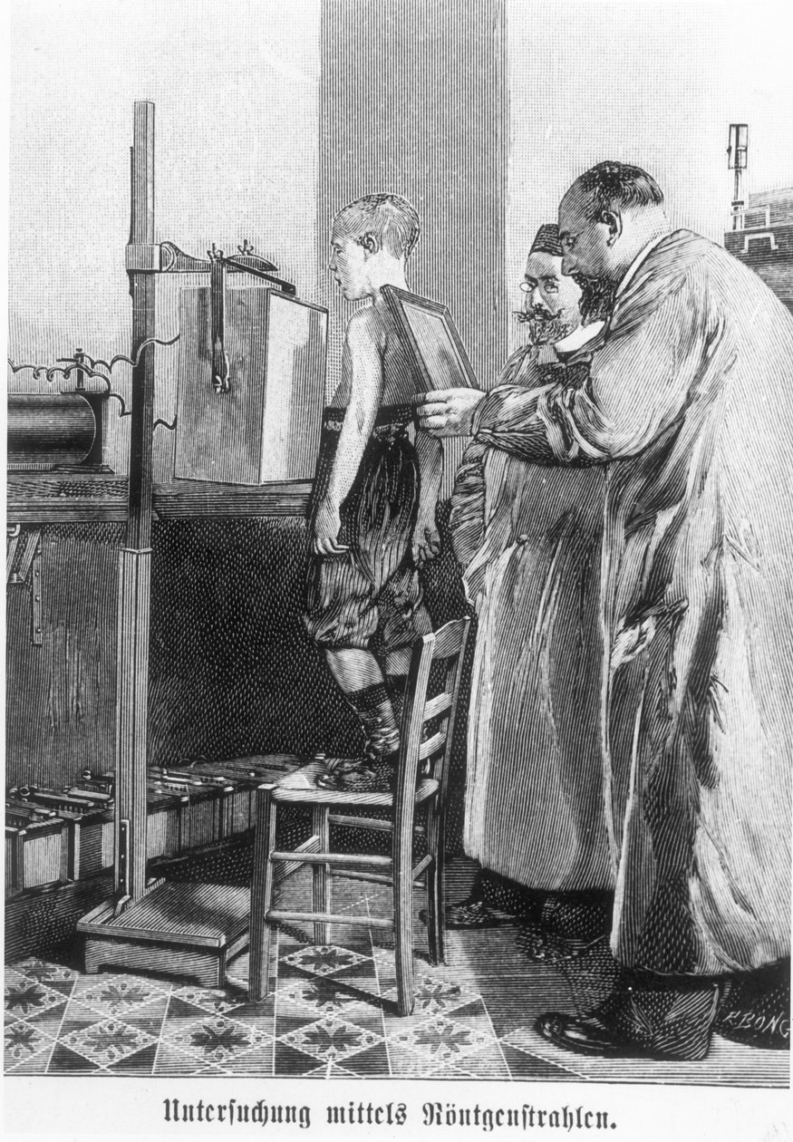 Wilhelm Konrad Roentgen (1845-1923) rentgenuje mladého chlapce z knihy Hanse Kraemera, kolem 1898-99 od German School