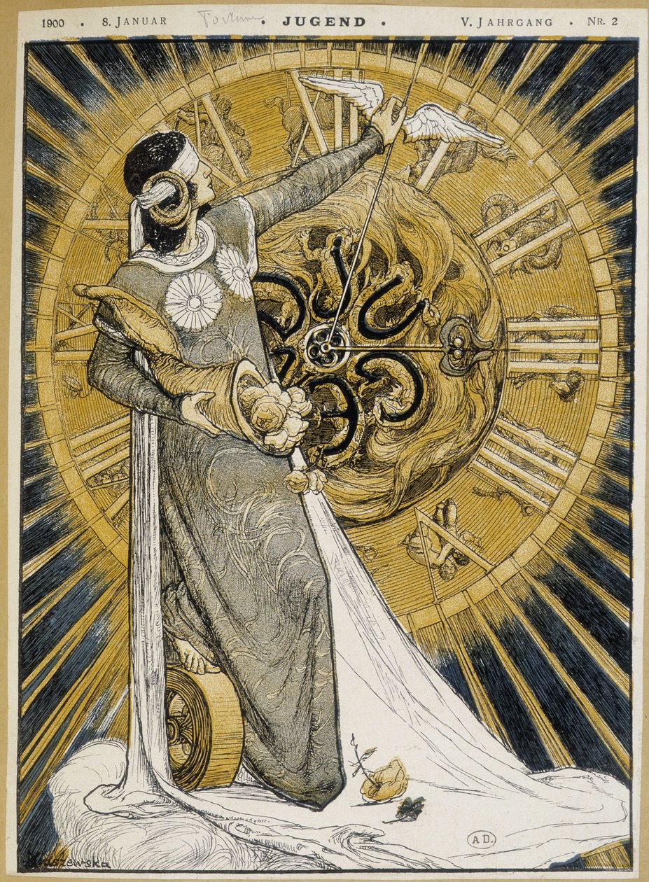 Žena s proužky očí držící roh hojnosti a posouvající ručičky hodin (Alegorie štěstěny) - v „“ Jugend““ z 8. 1. 1900 od German School