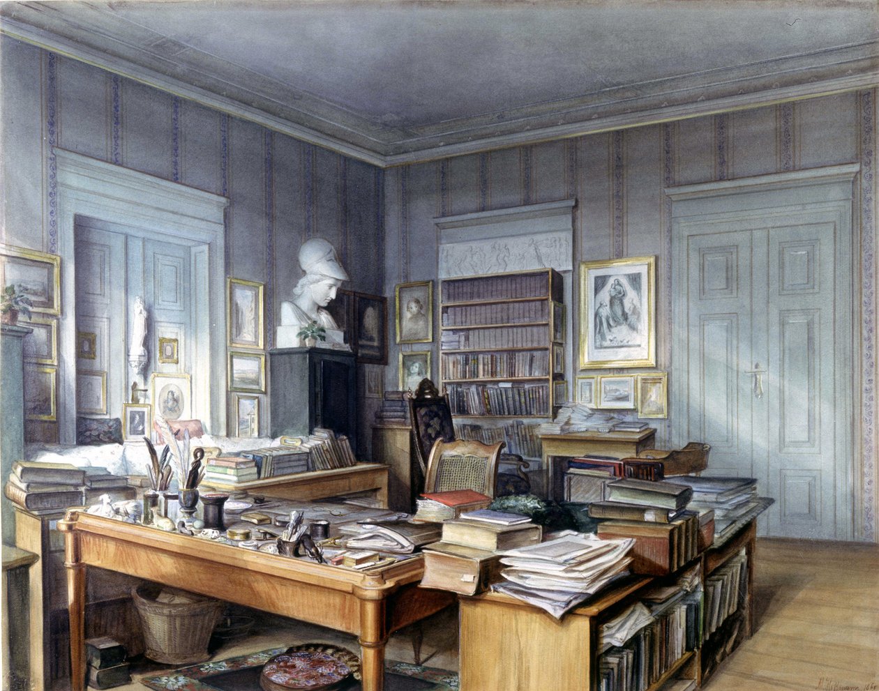Dílna Wilhelma Grimma (1786 -1859) v Berlíně, Linkstrasse 7. Rytina p. Hoffmanna. Národní muzeum, Norimberk. 1860. od German School
