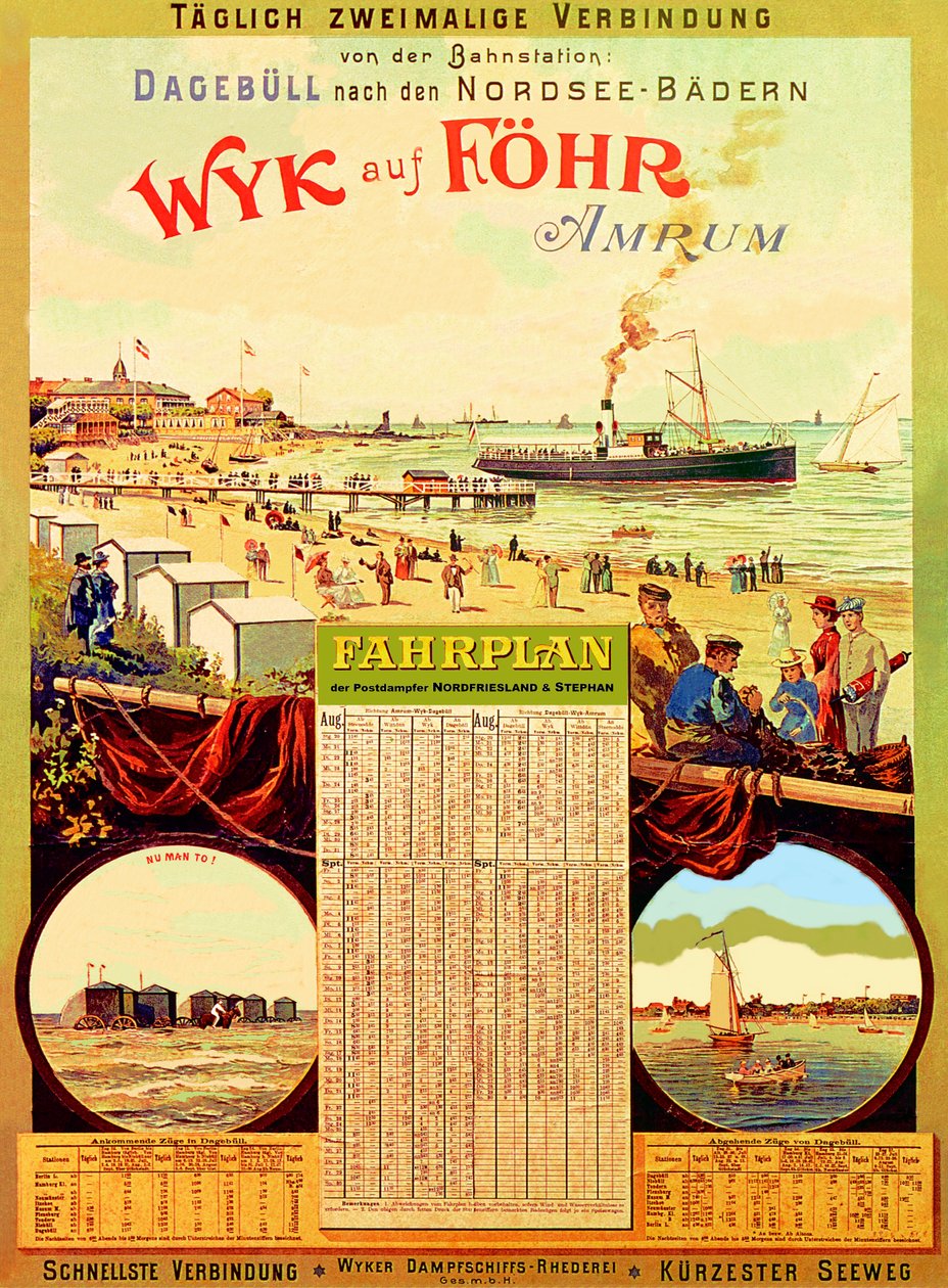Wyk auf Fohr, plakát inzerující Wyk Steam Shipping Company, 1897 od German School