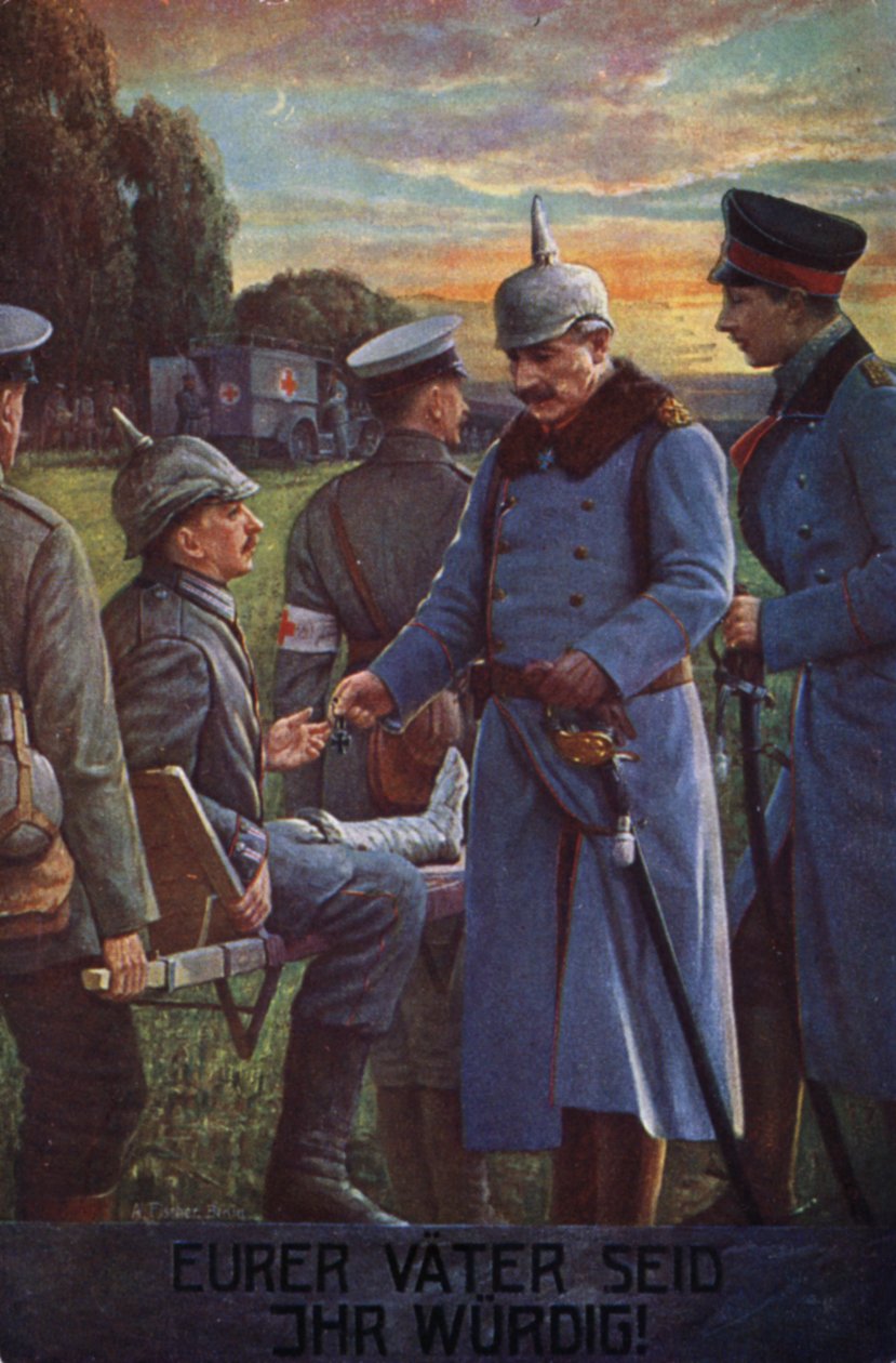 Jste hodni svých otců: Císař Vilém II. uděluje zraněnému německému vojákovi Železný kříž (barevná litografie) od German School