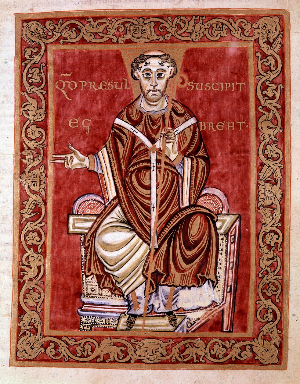 Eveque Egbert de Treves přebírá žaltář z rukou mnicha Rudprechta (zde není zastoupen) - Miniatura Egbertova kodexu (Codex Egberti) ze školy Reichenau, 980 - Cividale del friuli, museo archeologico nebo Cathedrale de Civid od German School