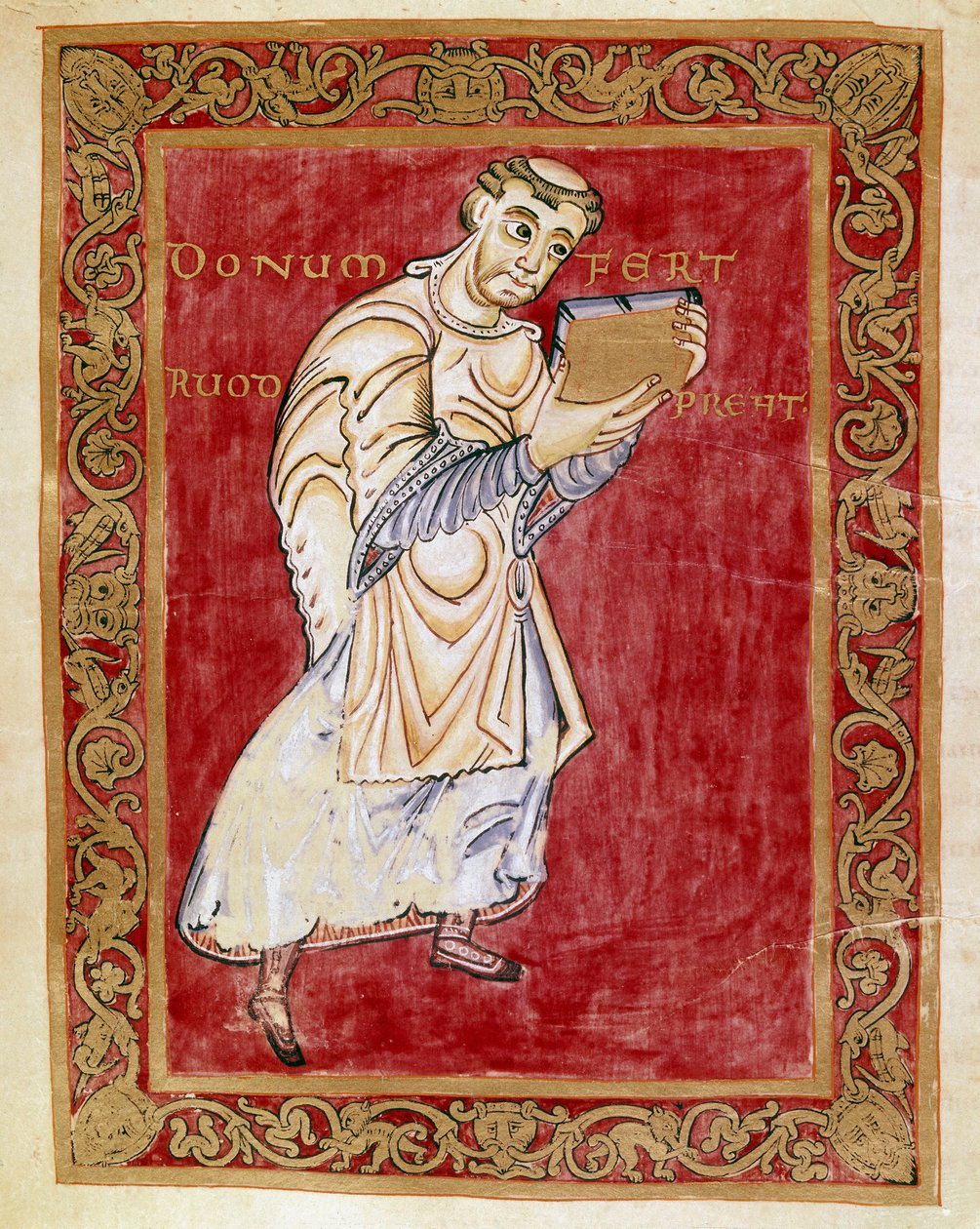 Mnich Ruodprecht odnáší rukopis do oblouku Egbert de Treves (977-993) Miniatura Egbertova kodexu (Codex Egberti) ze školy v Reichenau. Cividale del Friuli, Museo Archeologico nebo Cathedrale de Cividale od German School