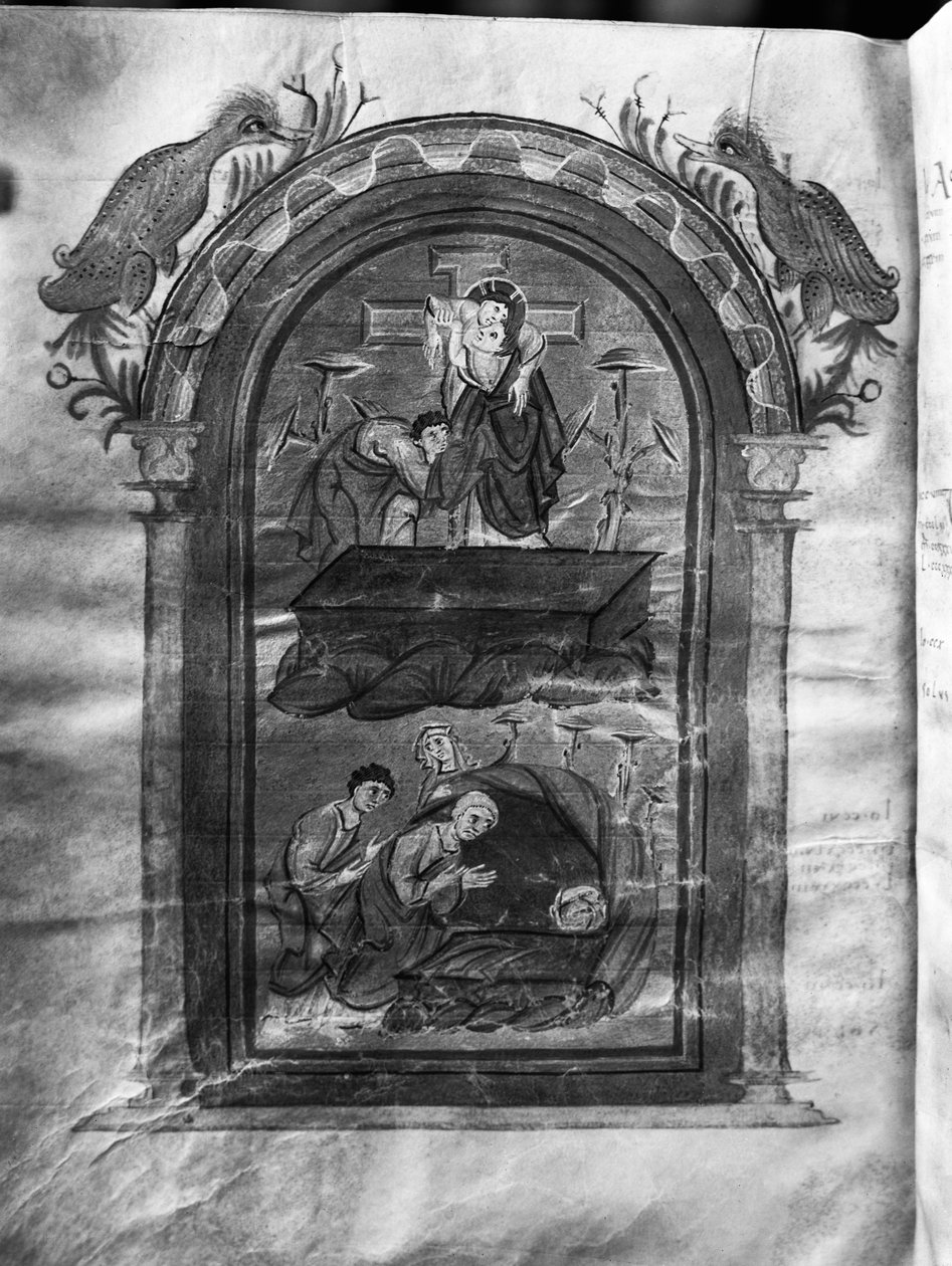 f.234v, Sestup z kříže a návštěva učedníků u hrobu, Liuthar-Evangeliar / Otto-Evangeliar, c.990 (tempera na pergamenu) od German School