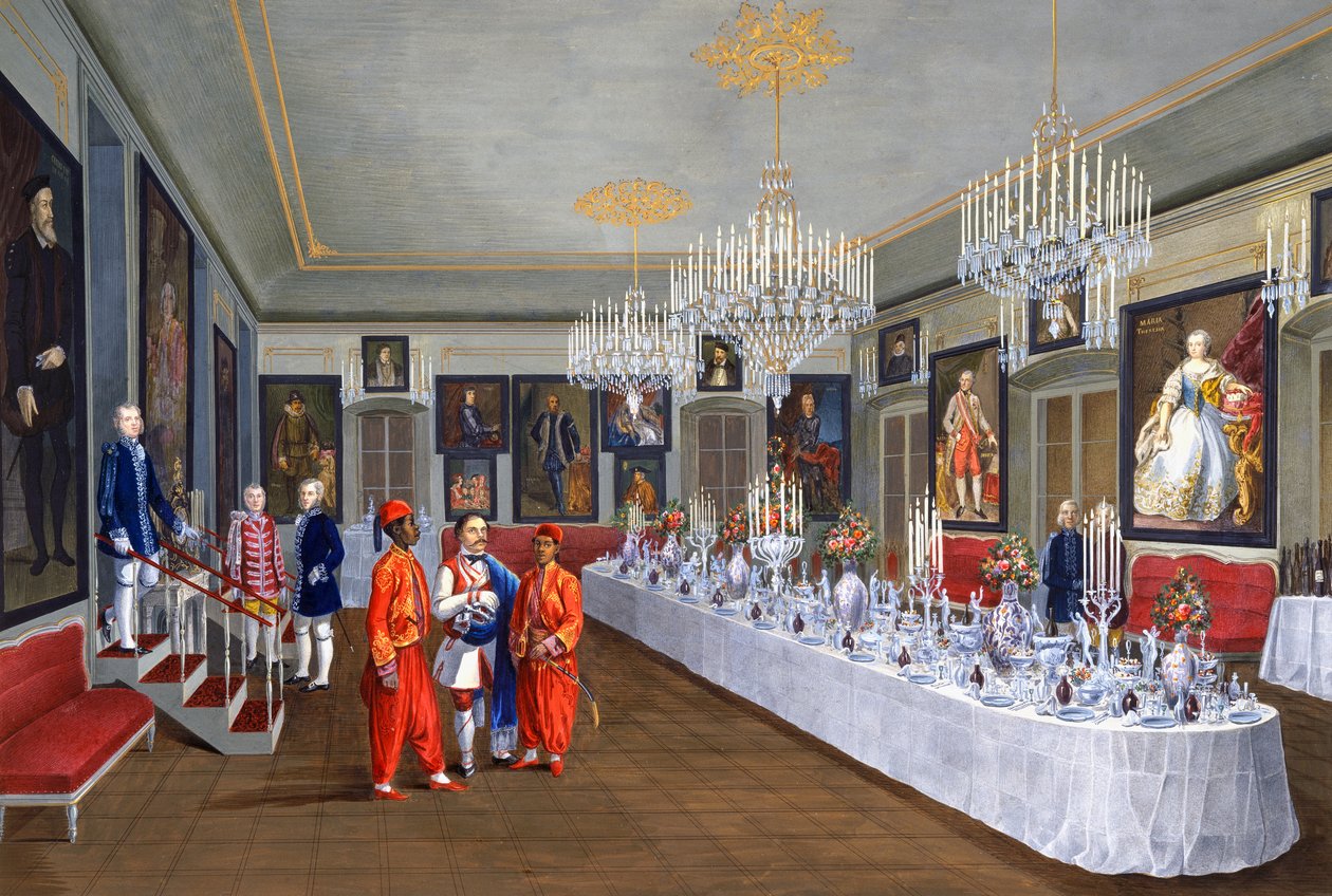 Jídelna se sérií portrétů habsburských císařů, obraz Josefa Kisse, Villa Lazarovich, Terstská rezidence Maxmiliána Habsburského (1832-1867), tempera Germano Prosdocimi od Germano Prosdocimi
