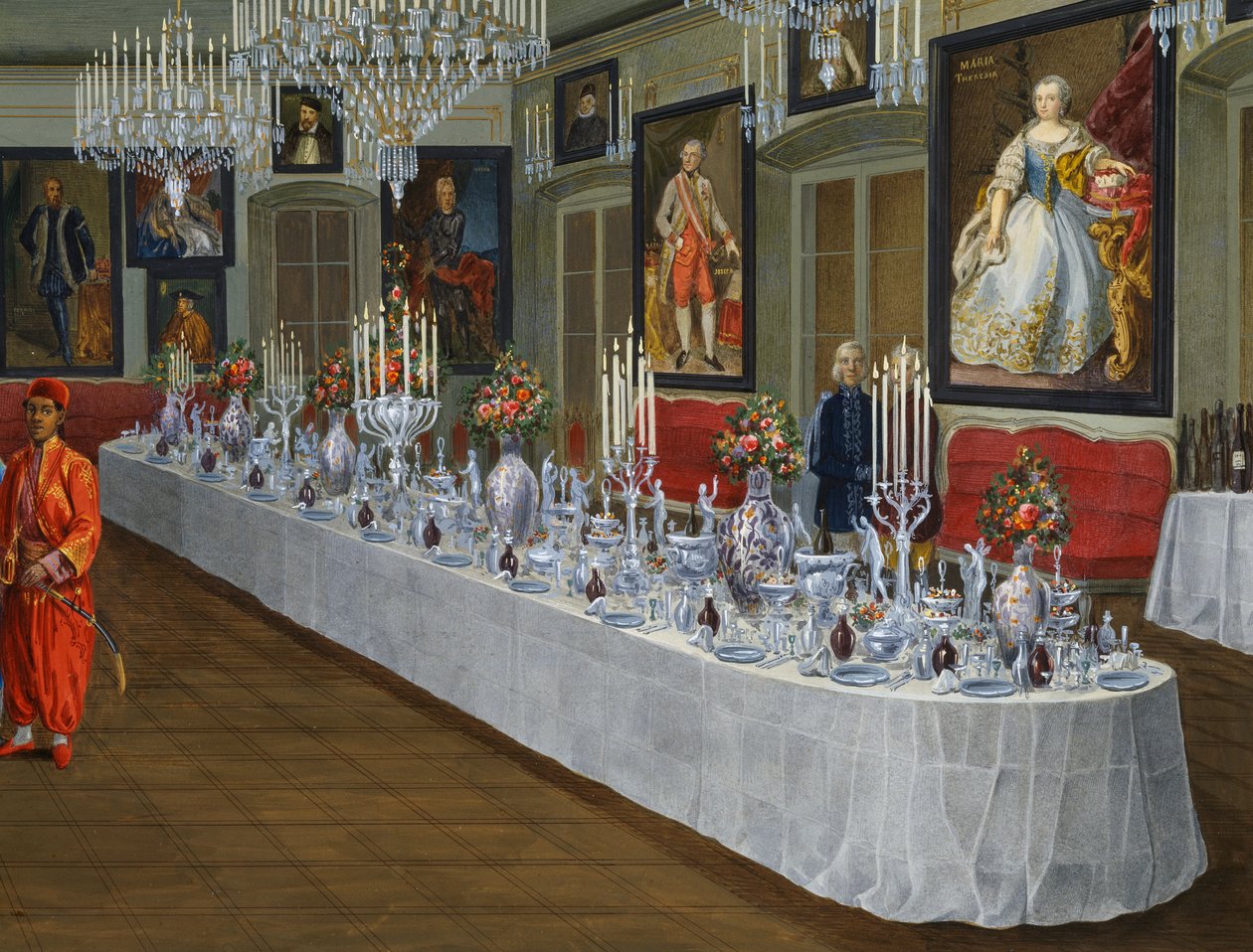 Jídelna se sérií portrétů habsburských císařů, obraz Josefa Kisse, Villa Lazarovich, Terstská rezidence Maxmiliána Habsburského (1832-1867), tempera Germano Prosdocimi od Germano Prosdocimi