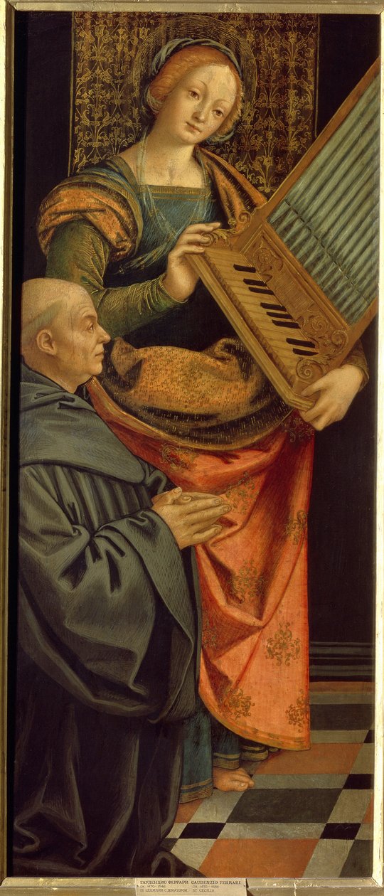Svatá Cecílie Římská (3. století) (Svatá Cecílie). Nesoucí varhany, s mnichem klečícím v modlitbě u jeho nohou. Malba Gerolama Giovenoneho (1490-1555), tempera na dřevě, po 1530. Italské umění (Milán) od Gerolamo Giovenone