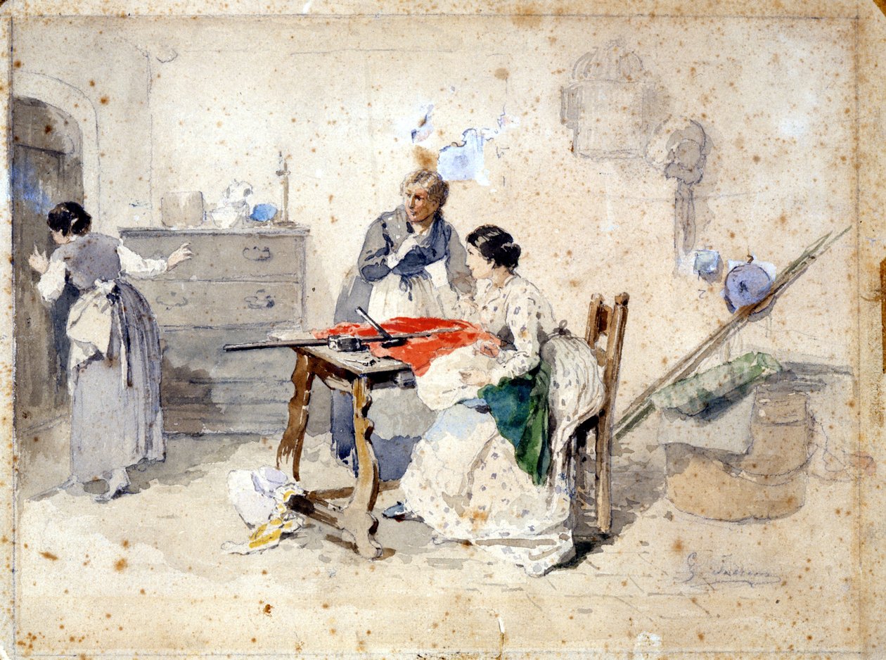 Milánské ženy tvoří vlajku italské trikolóry. Akvarel od Gerolama (Girolamo) Induno (1825 - 1890). Milán, Muzeum Risorgimento. od Gerolamo Induno