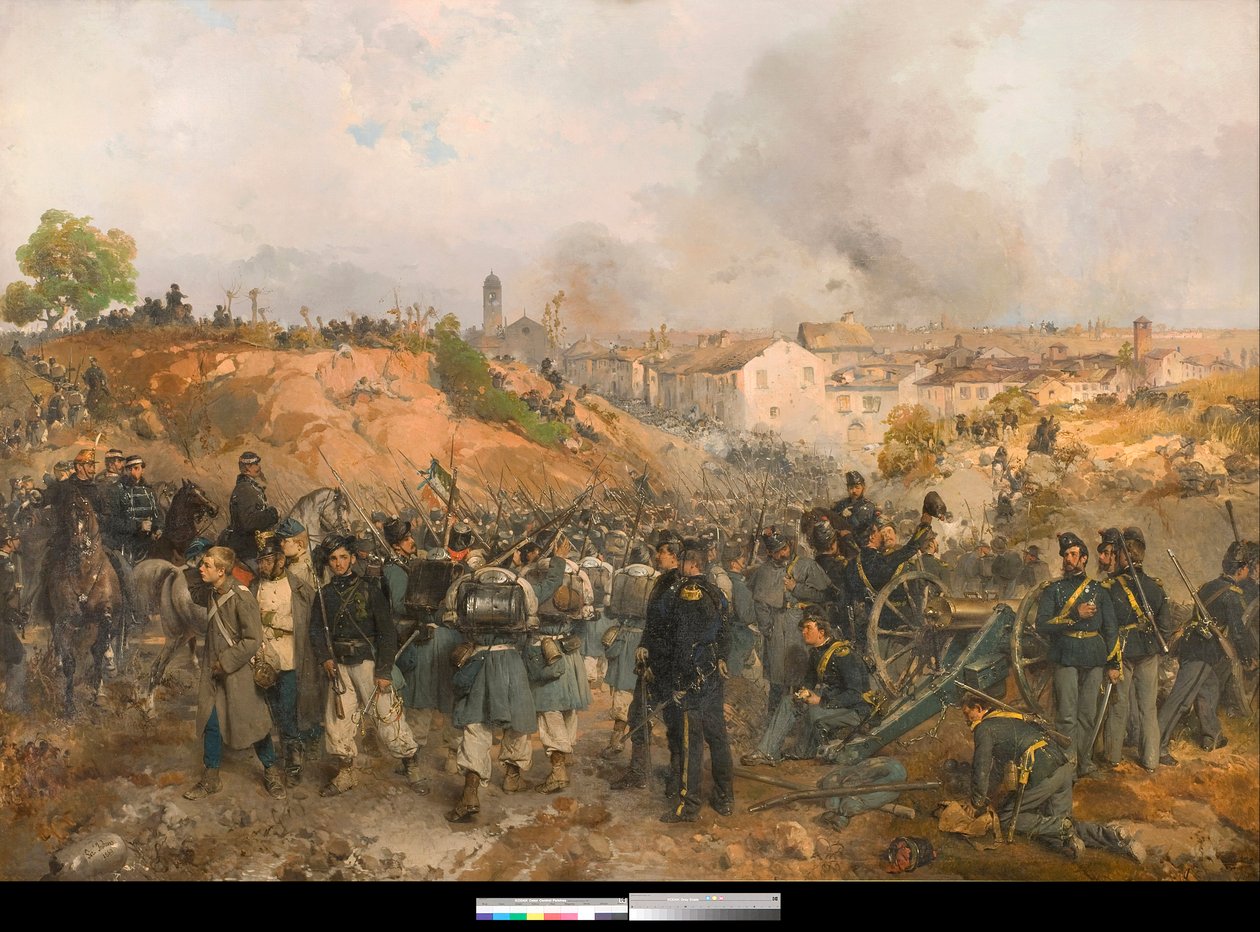 Risorgimento, Druhá italská válka za nezávislost: Bitva u Palestra 30. 5. 1859 mezi Rakouským císařstvím a spojenými silami Sardinsko-piedmontského království a Francie Obraz Gerolama Induna (1825-1890) 1860 Soukromá sbírka od Gerolamo Induno