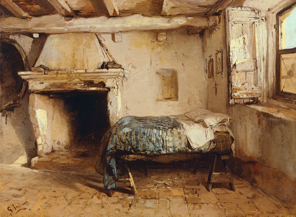Rustikální interiér, Gerolamo Induno (1825-1890), olej na dřevě, 27,5 x 37,7 cm. od Gerolamo Induno