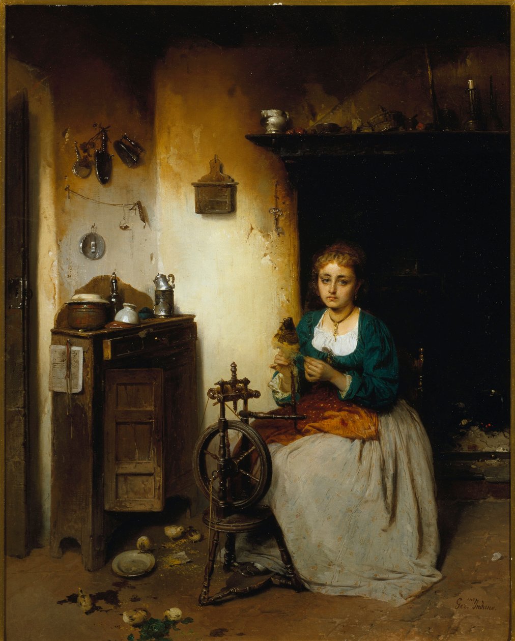 Mladá žena spřádá vlnu, její výraz je smutný a její nitro je mizerné. Obraz Gerolamo (Girolamo) Induno (1825-1890) Rozm. 65x52 cm Genes Nervi, Galleria d