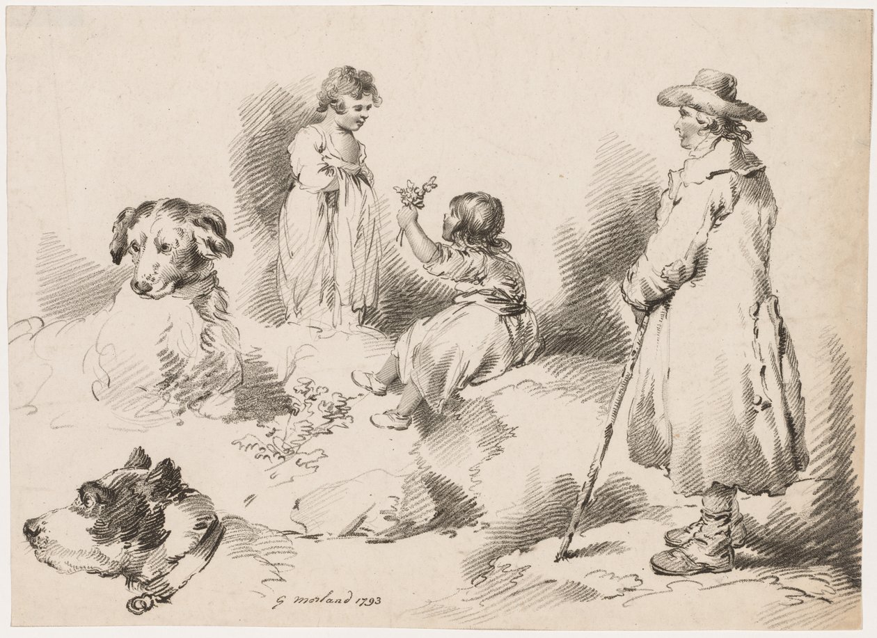 Studie o dětech Dvě malé holčičky, dva psi, muž, 1793. od Gerrard Street J. Harris Soho