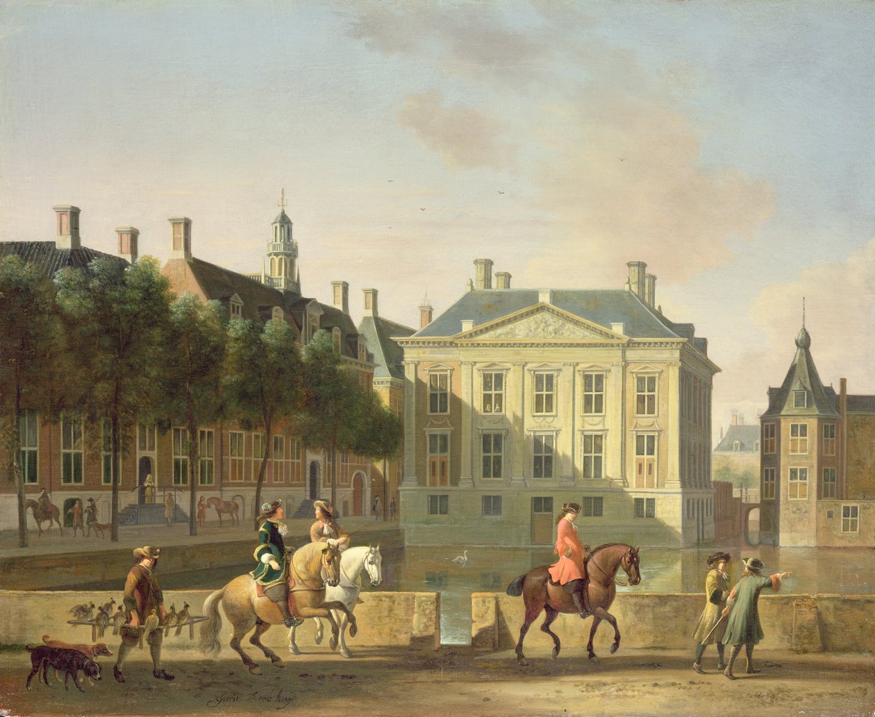 Mauritshuis z Langevijverburg, Haag, s jestřábí party v popředí od Gerrit Adriaensz Berckheyde