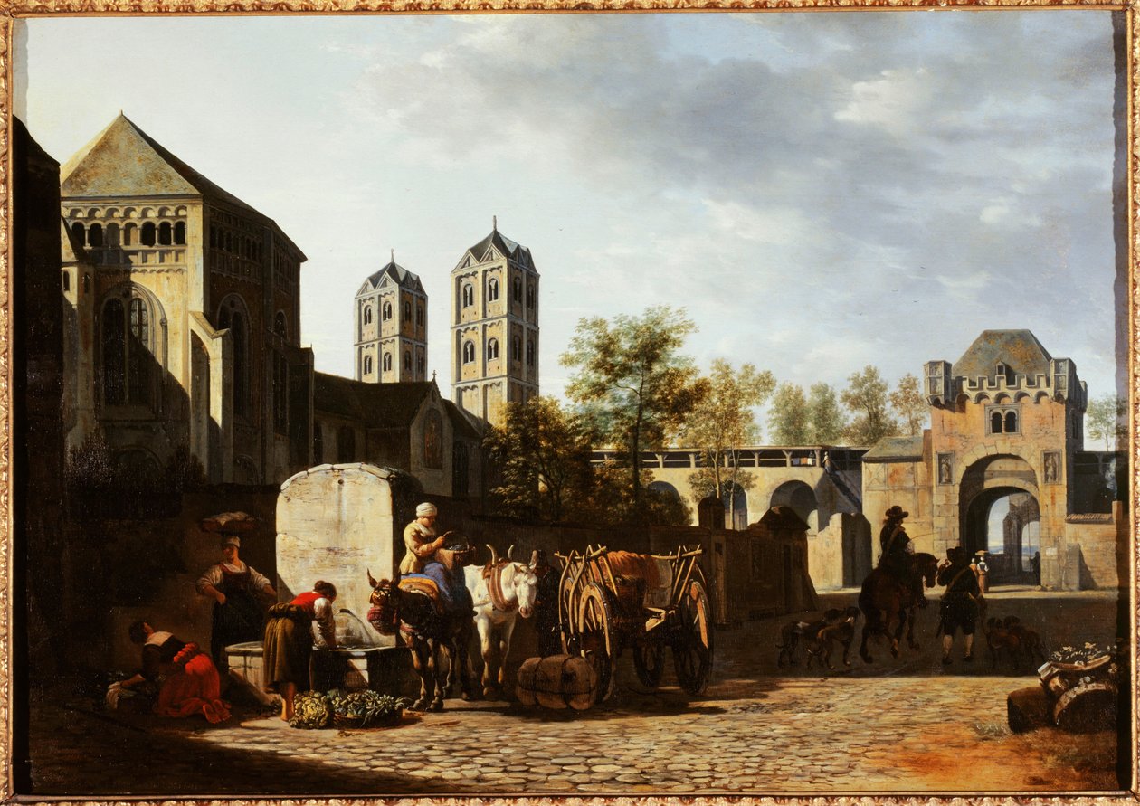 Francouzsky: Fontaine publique et église Saint-Géréon à Cologne (Veřejná kaple a kostel sv. Géréona v Kolíně nad Rýnem) od Gerrit Adriaenszoon Berckheyde
