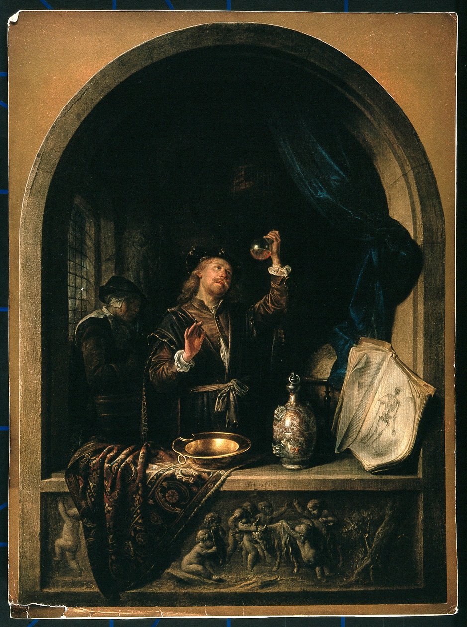 Lékař vyšetřuje vzorek moči starší ženy. od Gerrit Dou