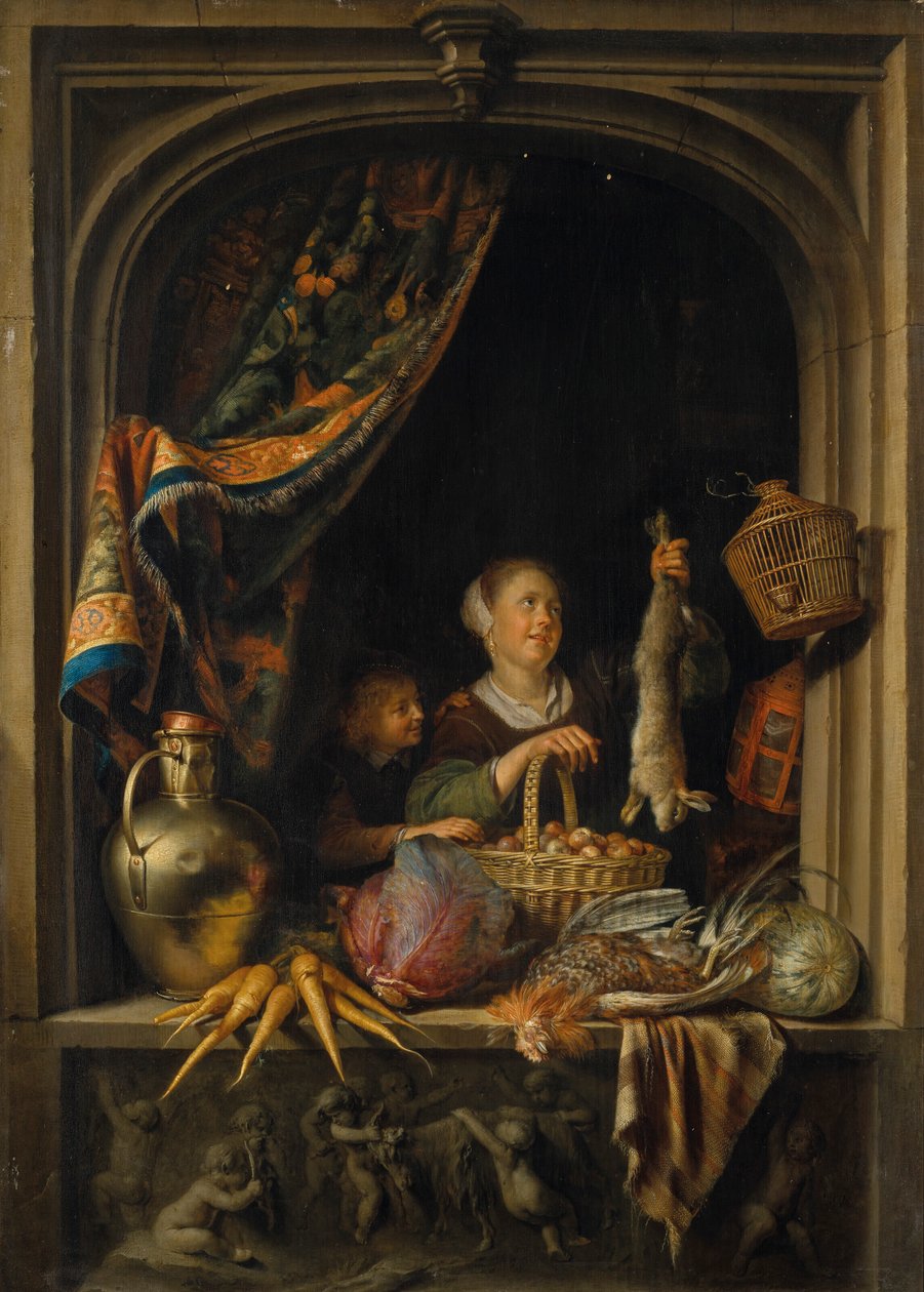 Mladá žena držící zajíce s chlapcem u okna od Gerrit Dou