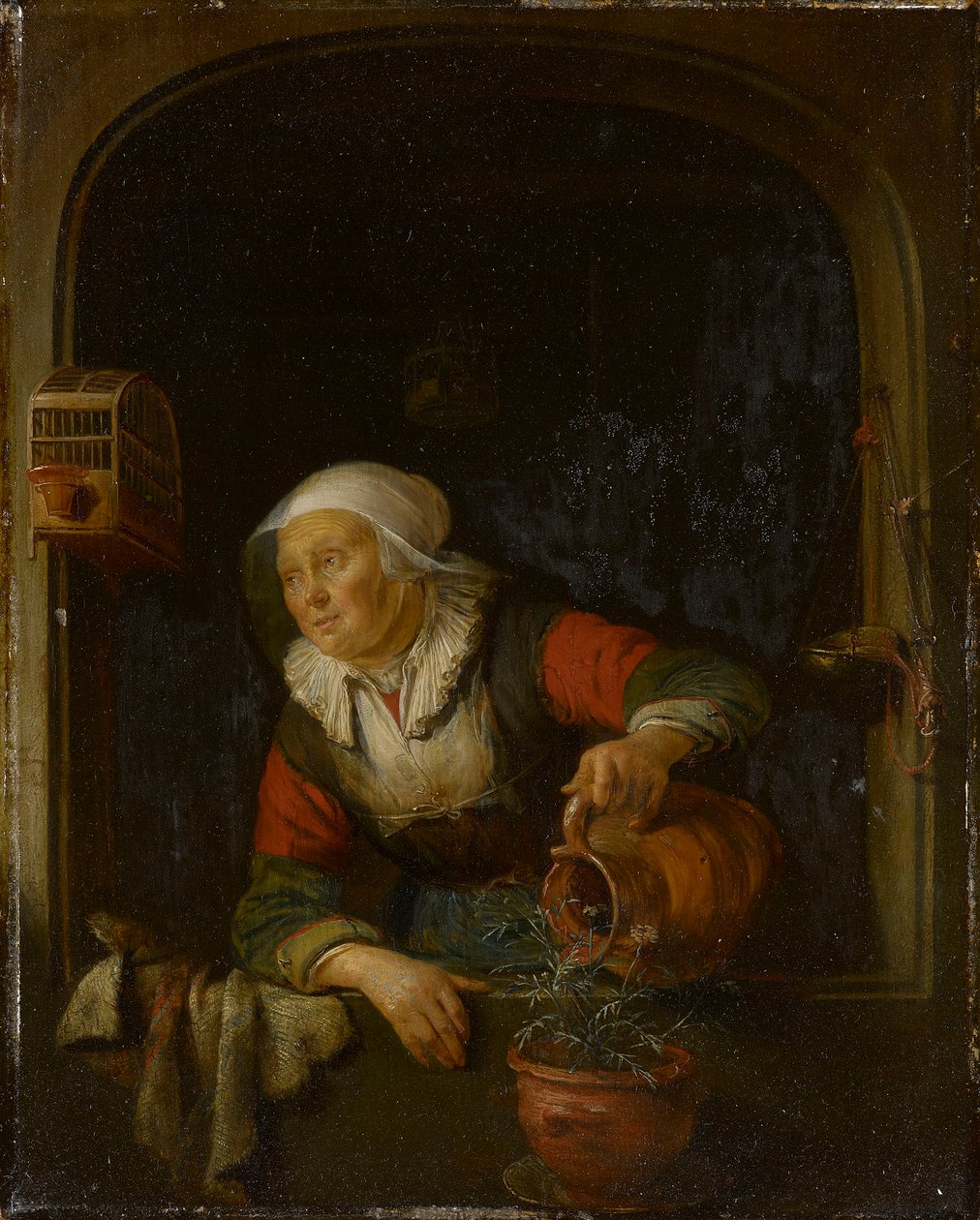 Stará žena zalévající květináč s růžemi od Gerrit Dou