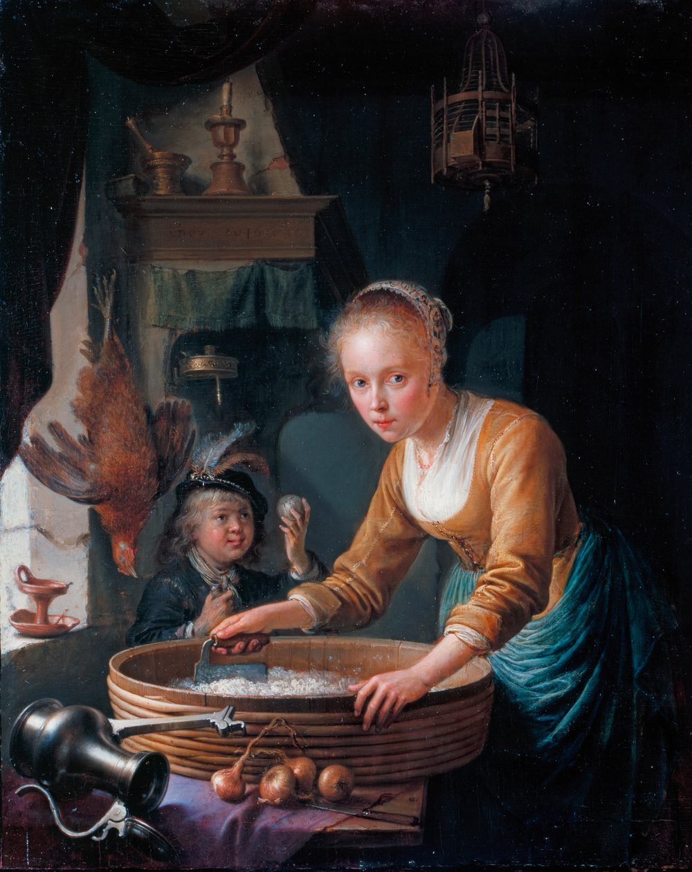 Francouzsky: Jeune fille hachant des oignons Dívka krájející cibuli od Gerrit Dou