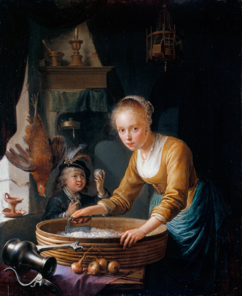 Dívka krájející cibuli od Gerrit Dou