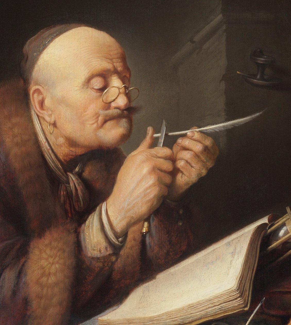 Učenec si brousí brk od Gerrit Dou