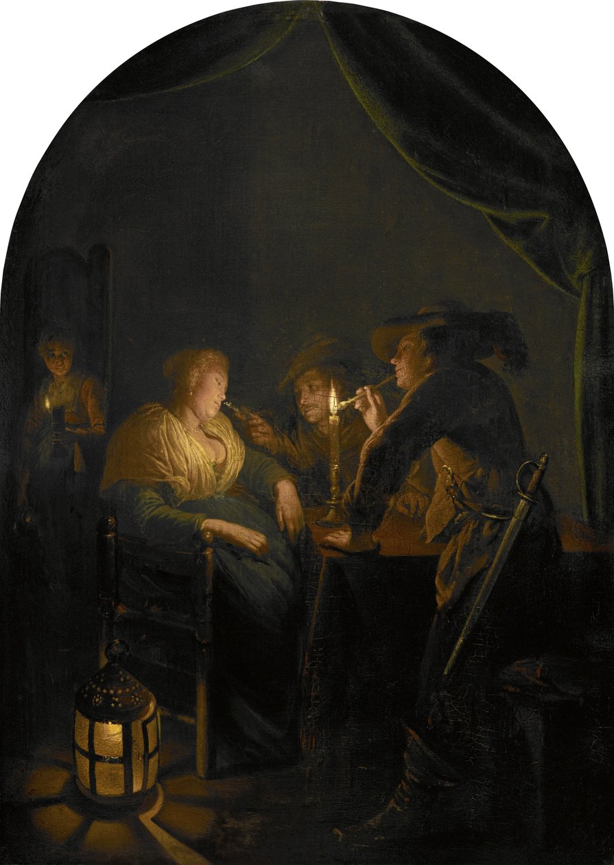 Spící žena škádlená dvěma vojáky od Gerrit Dou