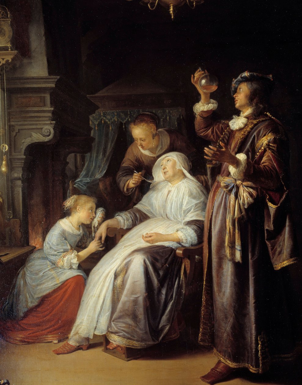 Hydropická žena. Lékař vyšetří moč ženy s vodnatelností. Detail. Obraz Gerarda Dou (1613-1675) od Gerrit Dou