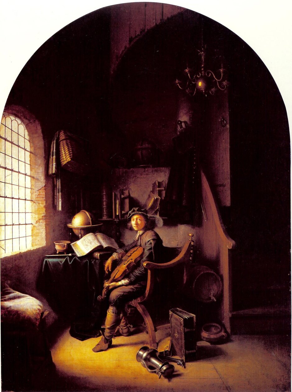 Mladý houslista sedí ve své pracovně od Gerrit Dou