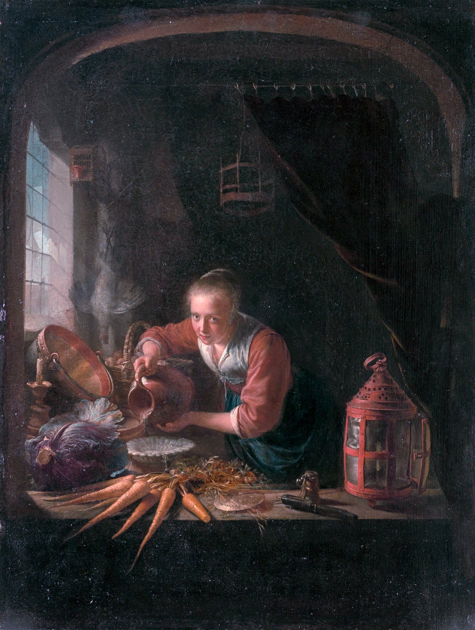 Mladá žena vylévá vodu ze džbánu od Gerrit Dou