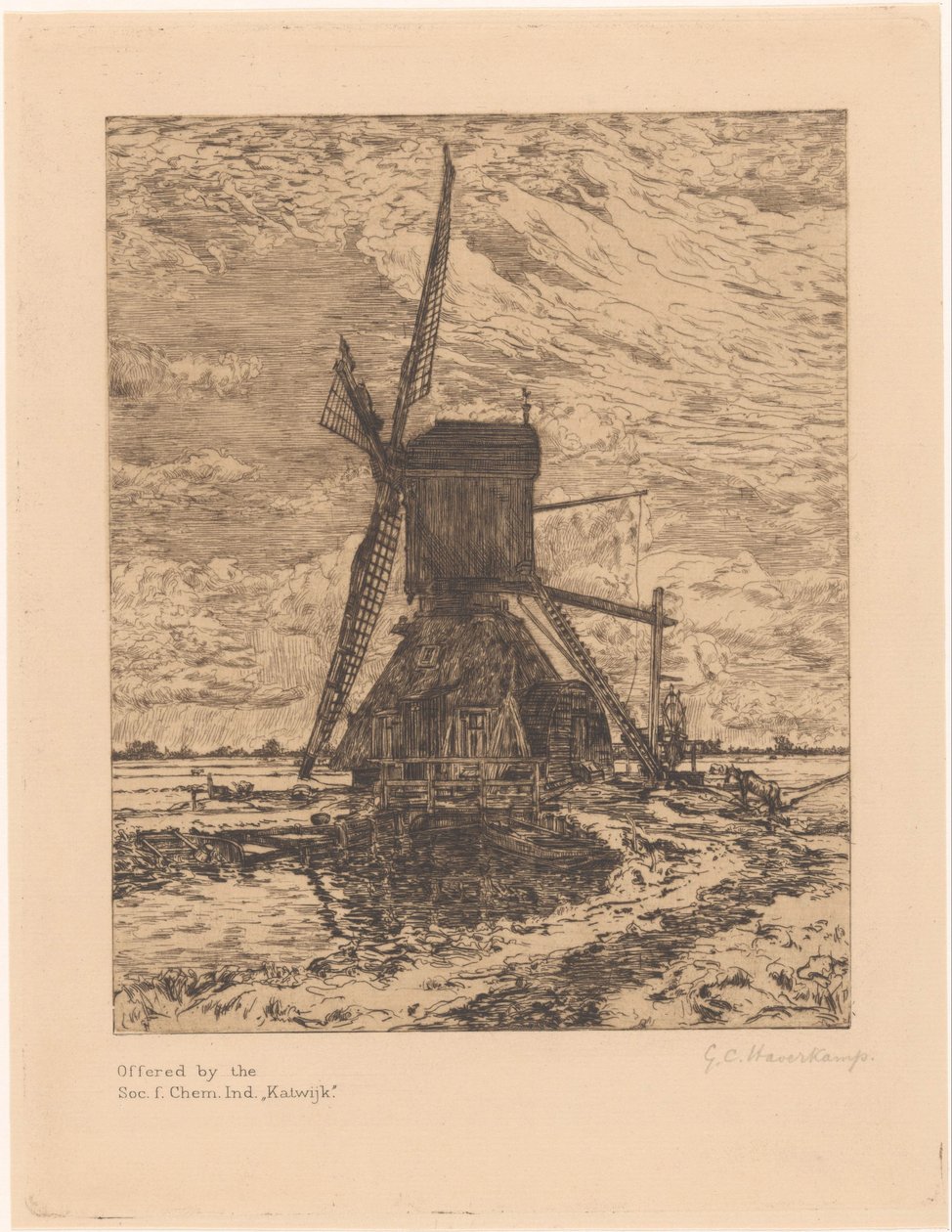 Mlýn v rovinaté krajině od Gerrit Haverkamp (signed by artist)