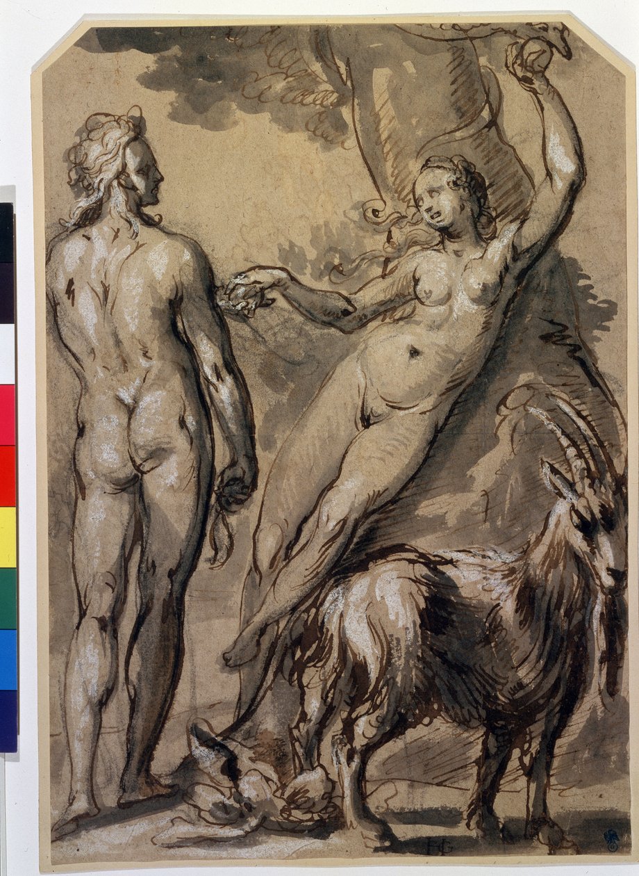 ""Adam a Eva"" Eva sbírá zakázané ovoce a podává ho Adamovi. Kresba perem od Gerrita Pietersze (1566-cca 1616) Konec 90. let 16. století. Puškinovo muzeum, Moskva od Gerrit Pietersz