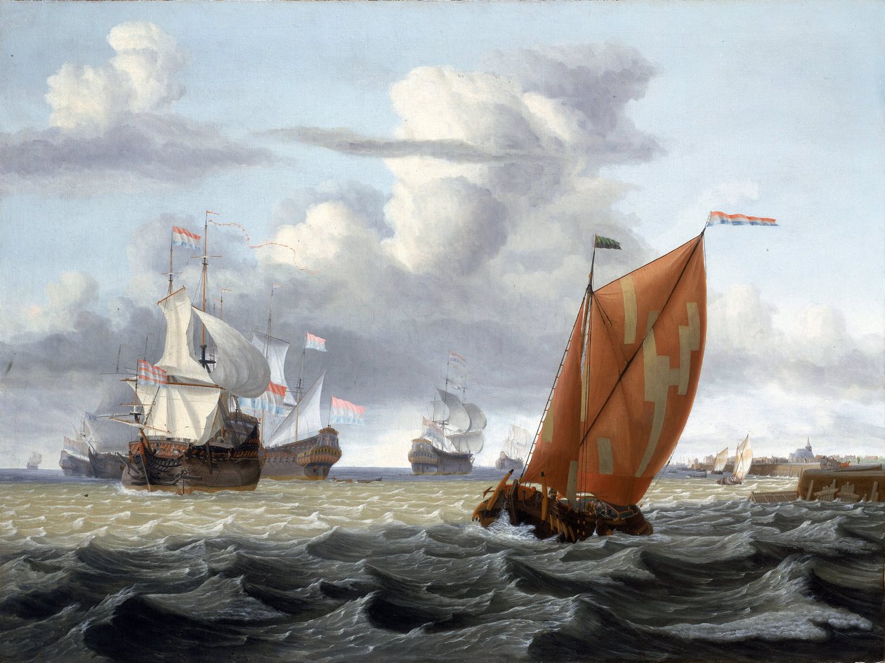 Navigace u holandského přístavu s věží kostela a několika budovami, pravděpodobně Enkhuizen (Holandsko) na Zuiderzee (nebo Zuyderzee či Jižní moře), a popis nejrůznějších plavidel: rybářská loď lovící sledě a plavidla holandské Východoindické společnosti. od Gerrit Pompe